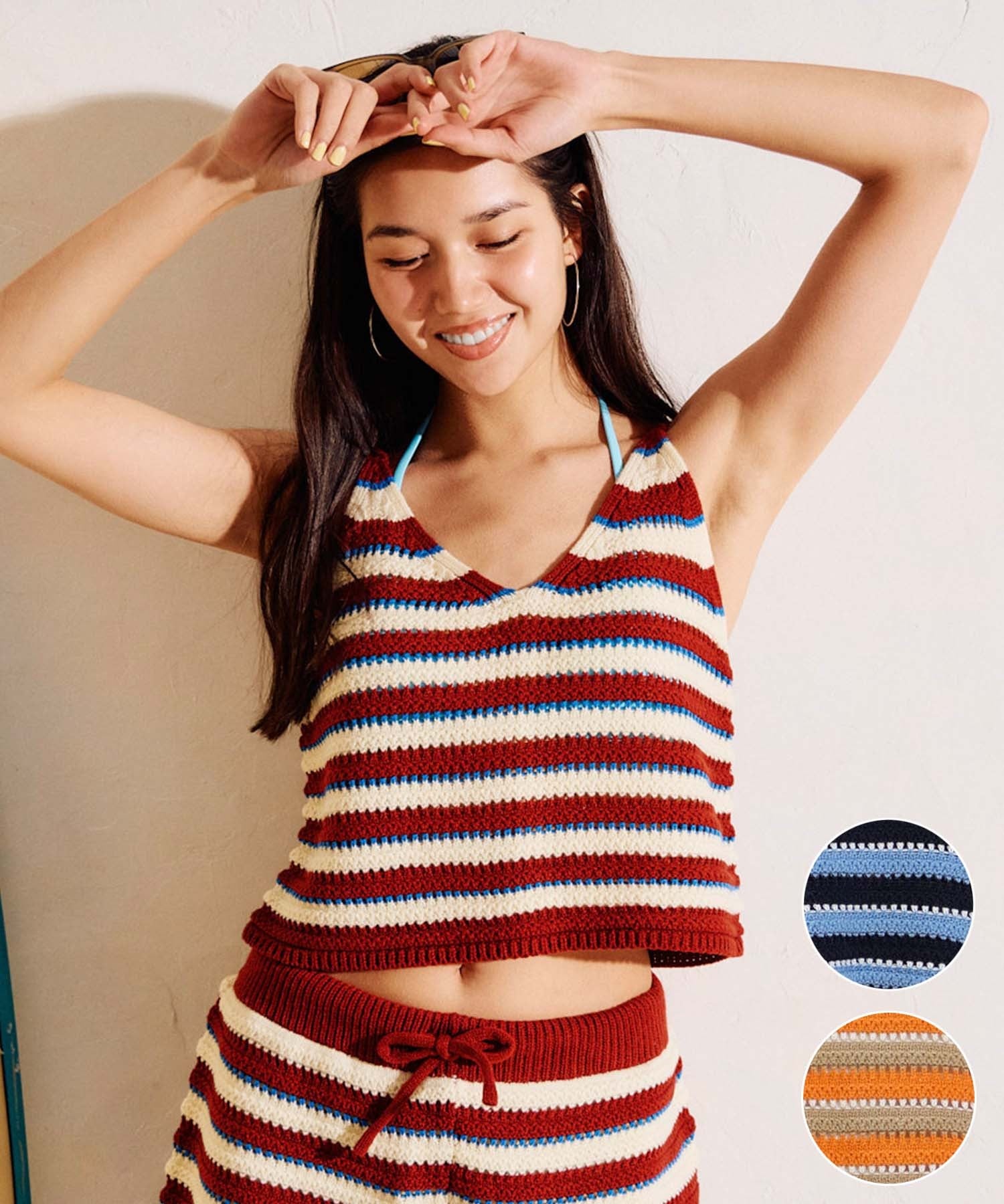 RIKKA FEMME リッカファム キャミソール レディース ニットキャミ ボーダー かぎ針編み セットアップ対応 RF6S-2303(BLU-FREE)