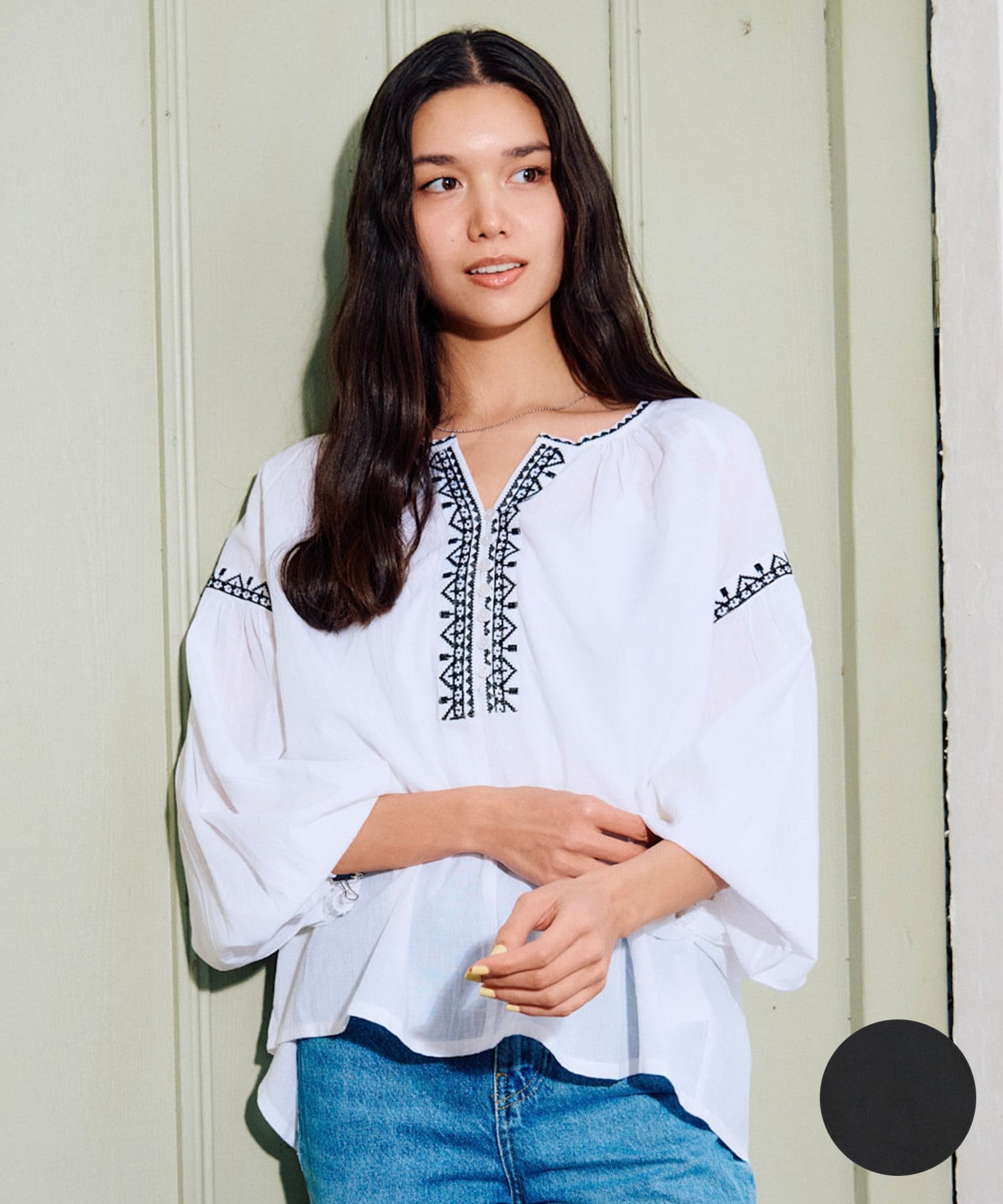 RIKKA FEMME リッカファム 長袖 シャツ レディース ブラウス 刺繍 キーネック RF6S-2601(WHT-FREE)