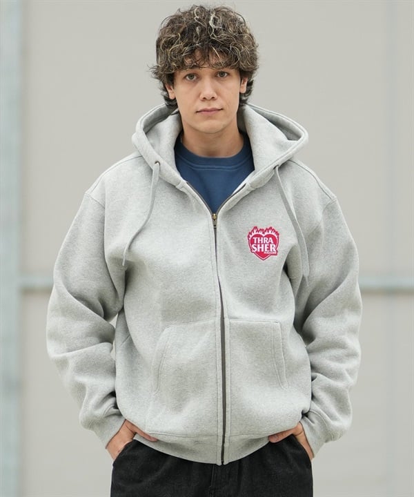 THRASHER スラッシャー ジップアップ パーカー フーディー メンズ 裏起毛 450gCVCワッペン刺繍ZIPパーカー 264TH1PK111 ムラサキスポーツ限定