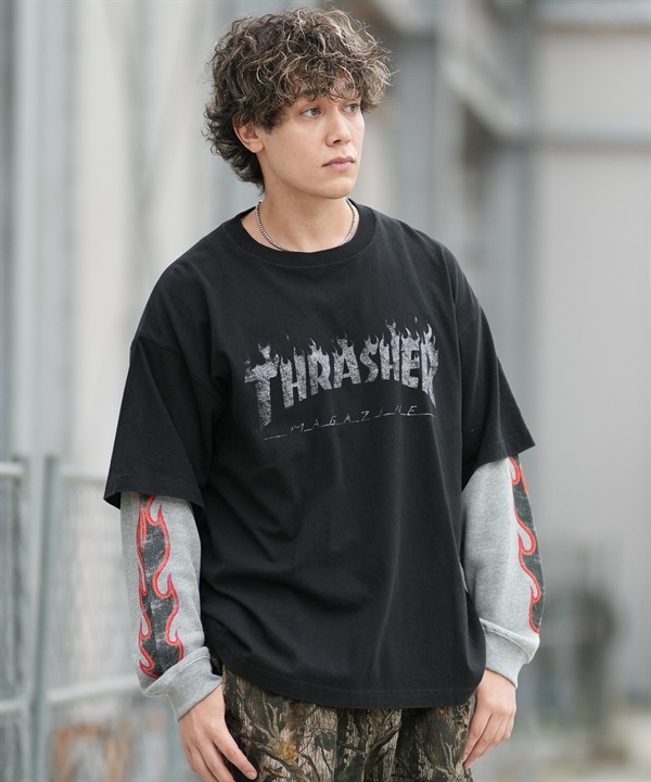 THRASHER スラッシャー 長袖 Tシャツ ロンT メンズ フェイクレイヤード ワッフル×天竺ドッキングLSTEE 264TH1LT104 ムラサキスポーツ限定