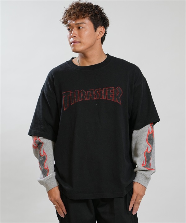 THRASHER スラッシャー 長袖 Tシャツ ロンT メンズ フェイクレイヤード ワッフル×天竺ドッキングLSTEE 264TH1LT104 ムラサキスポーツ限定