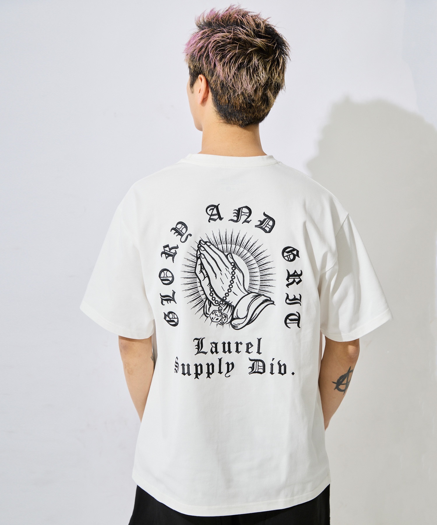 DEAR LAUREL ディアローレル 半袖 Tシャツ メンズ バックプリント LETTER SOUL PRAYING HAND DL26S-2104(WHT-M)