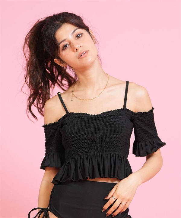 Beach Queen ビーチクイーン 水着 単品 トップス レディース オフショルダー シャーリング ブラトップ 413820 ムラサキスポーツ限定