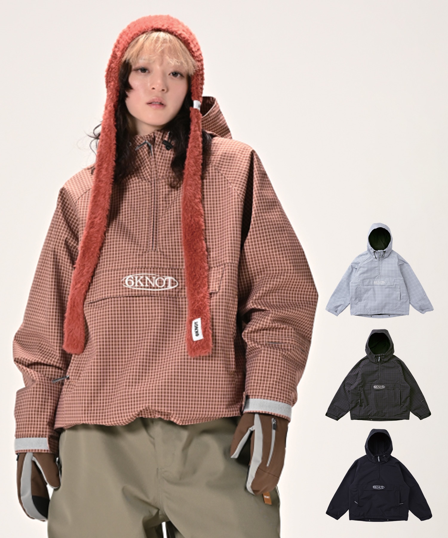 TRANSQOOTスノーボードウェア 女性用 チェック柄 6KNOT シックスノット チェックアノラック CHECK ANORAK スノーボード