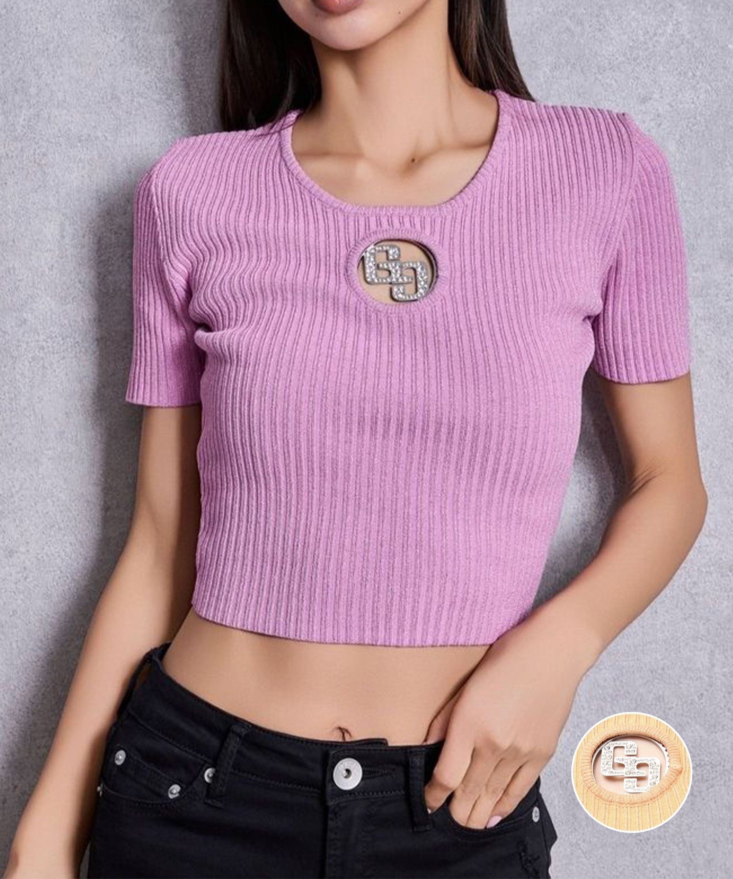 GYDA ジェイダ 半袖 Tシャツ レディース クロップド丈 ショート丈 GG bijou MOLDラメニットトップス 72622631901(ORG-FREE)