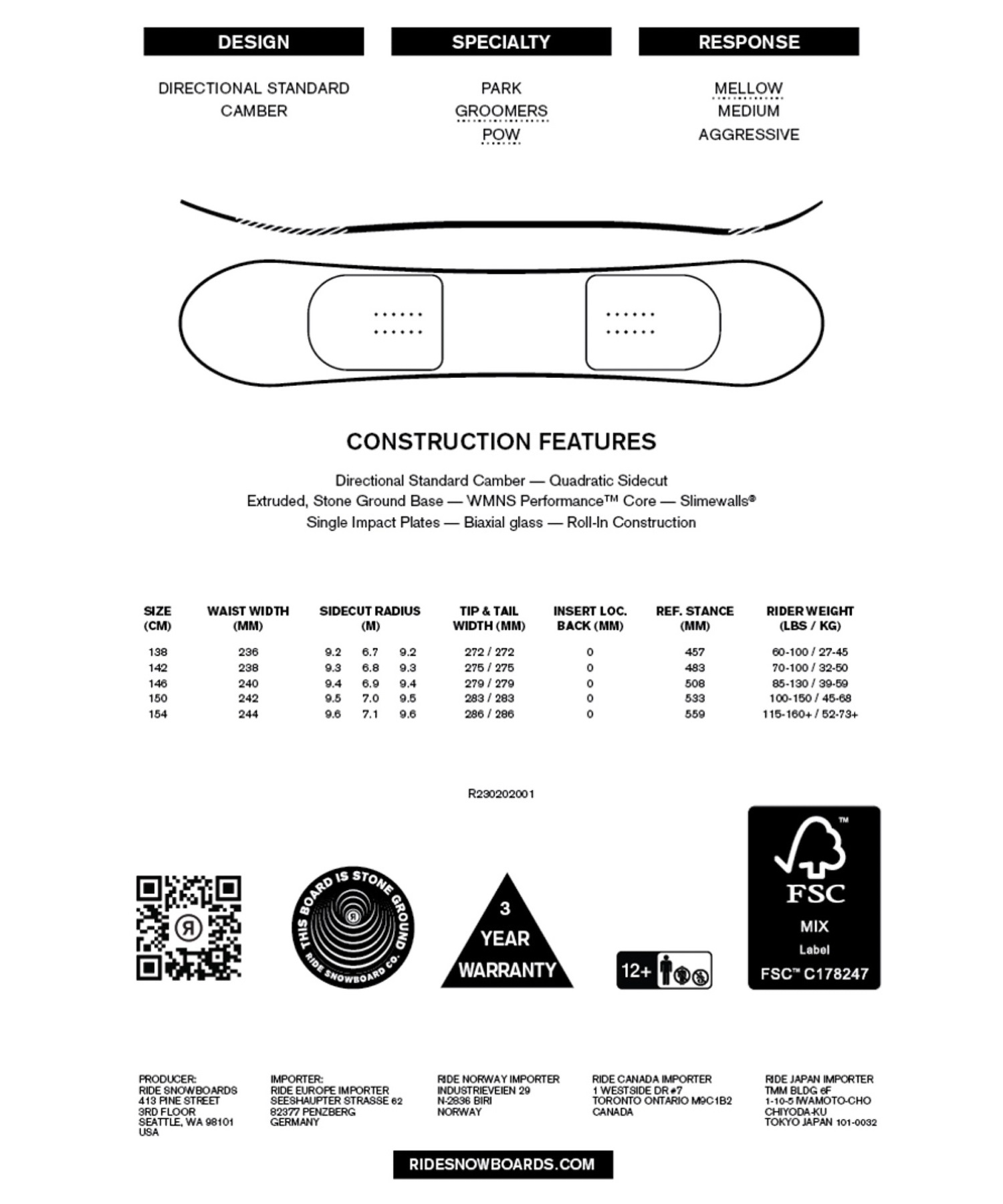 スノーボード 板 レディース RIDE ライド COMPACT 23-24モデル 