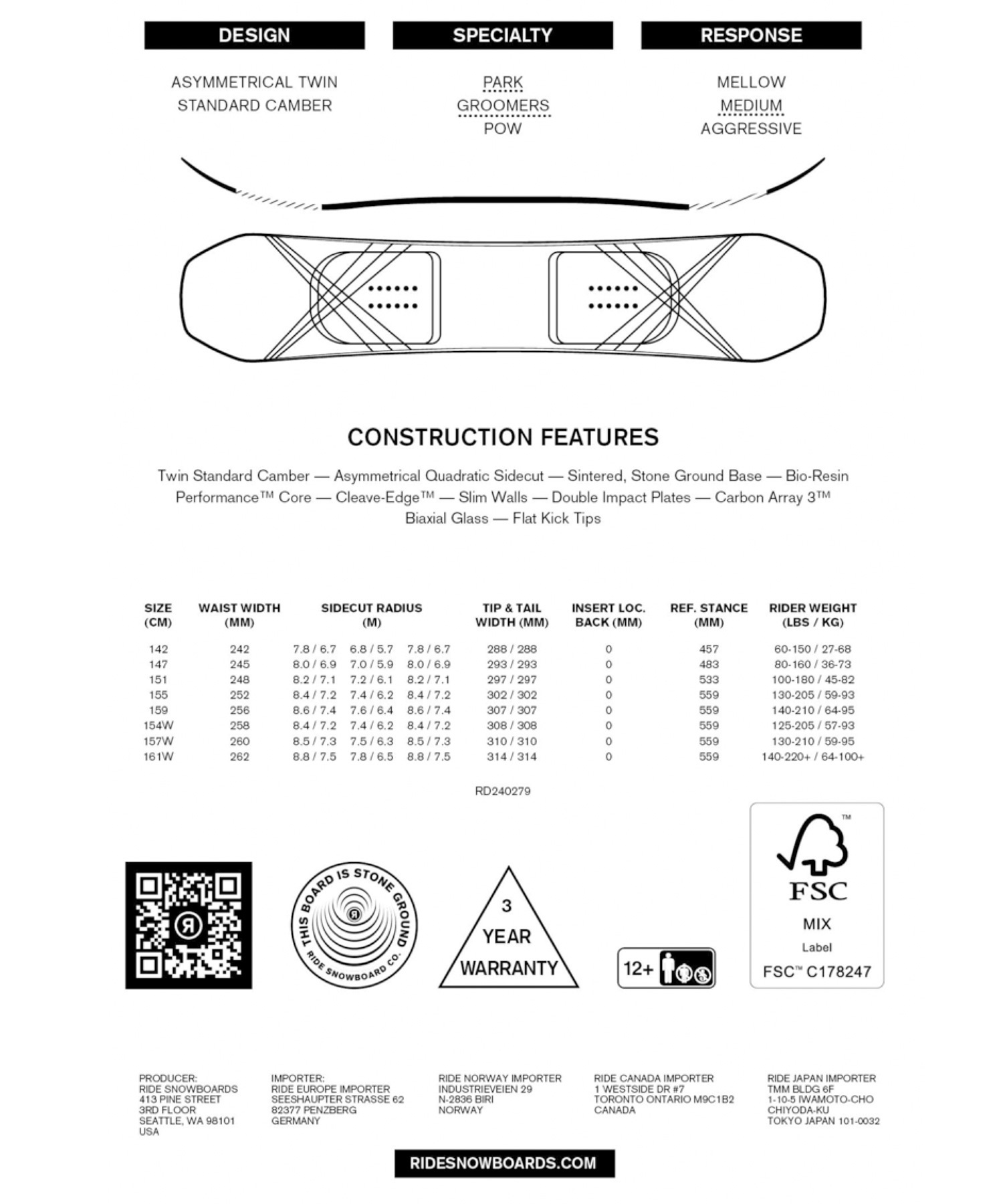 【早期購入】RIDE ライド スノーボード 板 メンズ ZERO ムラサキスポーツ 24-25モデル LL A26(ONECOLOR-142cm)