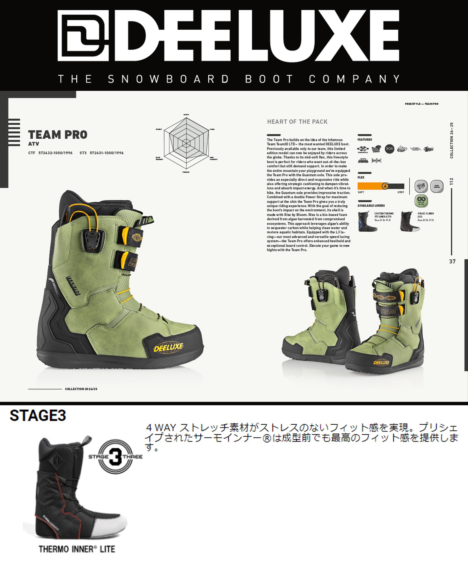 DEELUXE ディーラック スノーボード ブーツ ユニセックス STAGE3 TEAM PRO S3 ムラサキスポーツ 24-25モデル LL A19(ATV-22.0cm)