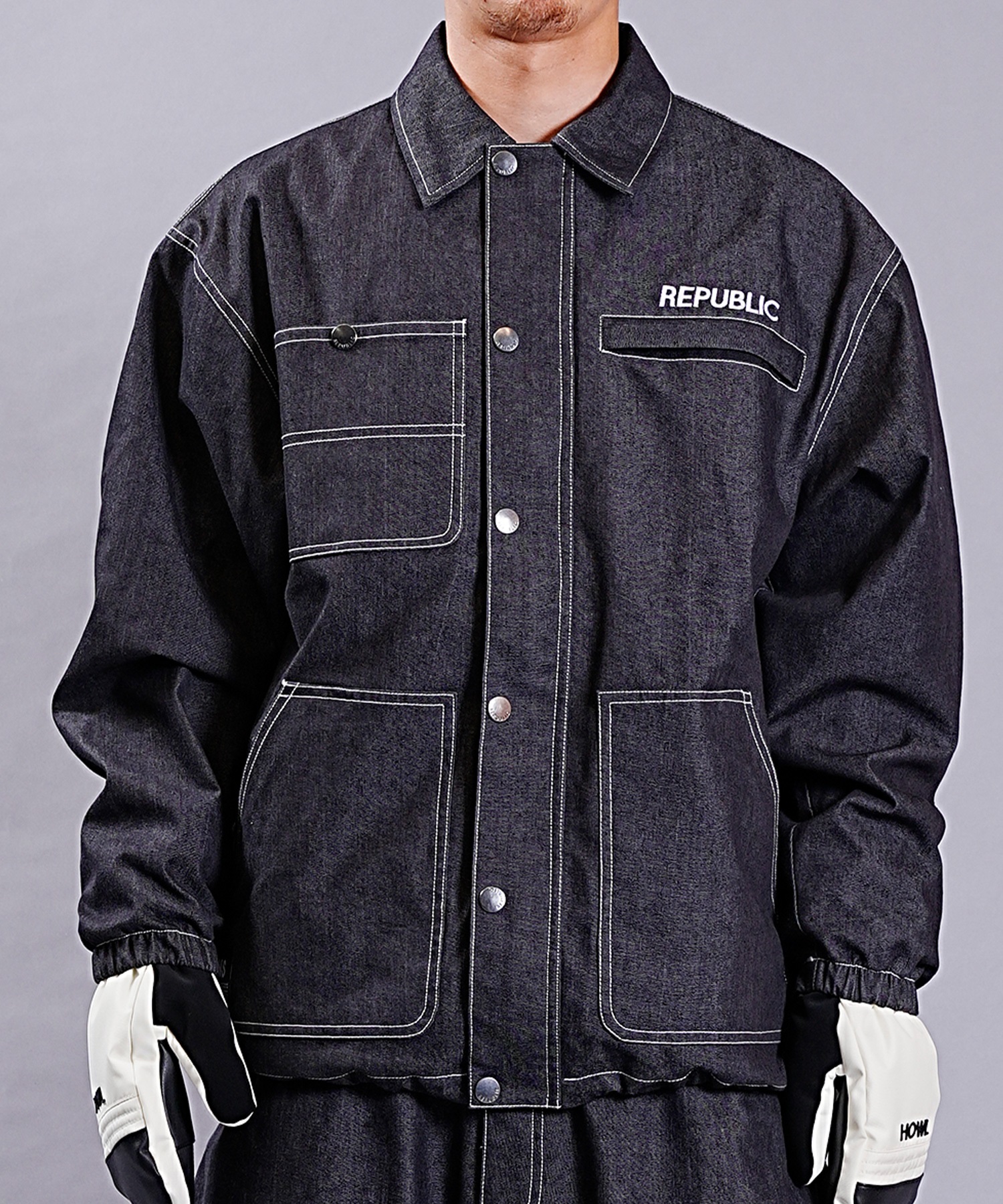 REPUBLIC リパブリック スノーボード ウェア ジャケット ユニセックス HUNTAING DENIM COAT JACKET 23-24モデル KK H5(Black-S)