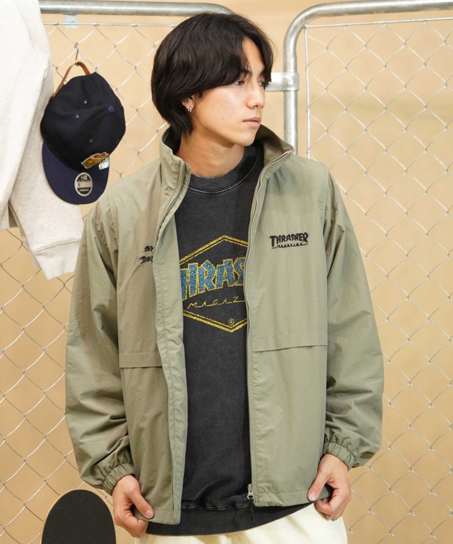 【ムラサキスポーツ別注】THRASHER/スラッシャー 2WAYナイロンジャケット ビッグシルエット 袖取り外し可能 THM-24ASJKT01(KHK-M)