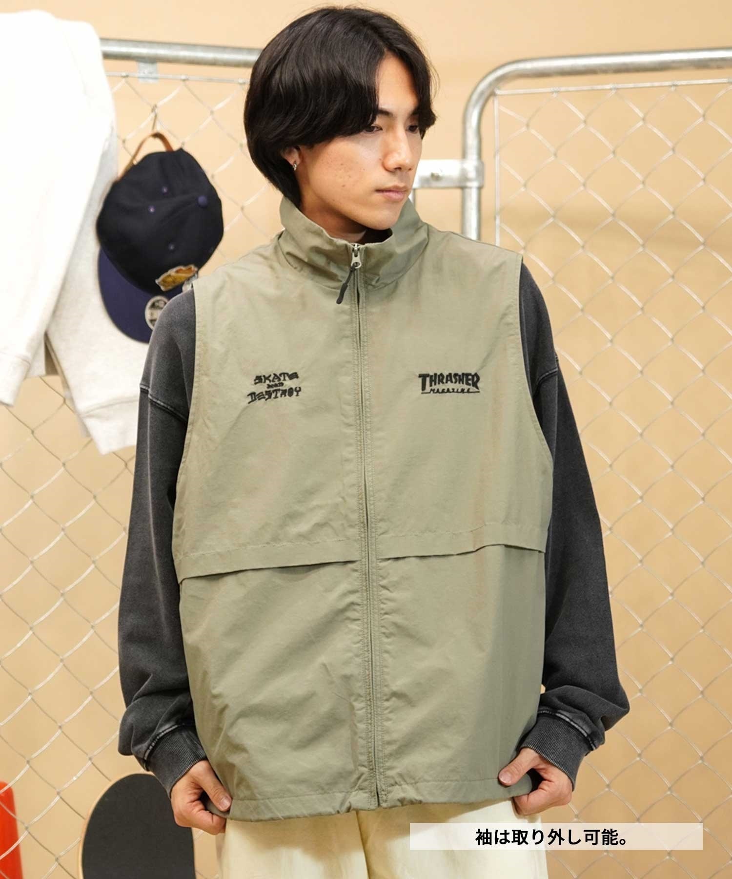 【ムラサキスポーツ別注】THRASHER/スラッシャー 2WAYナイロンジャケット ビッグシルエット 袖取り外し可能 THM-24ASJKT01(KHK-M)