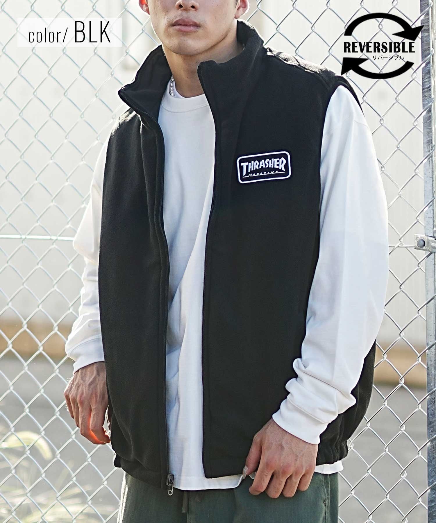 THRASHER/スラッシャー メンズ リバーシブル ベスト ナイロン フリース スタンドカラー 23MS-JKT2 ムラサキスポーツ限定(BLK-M)