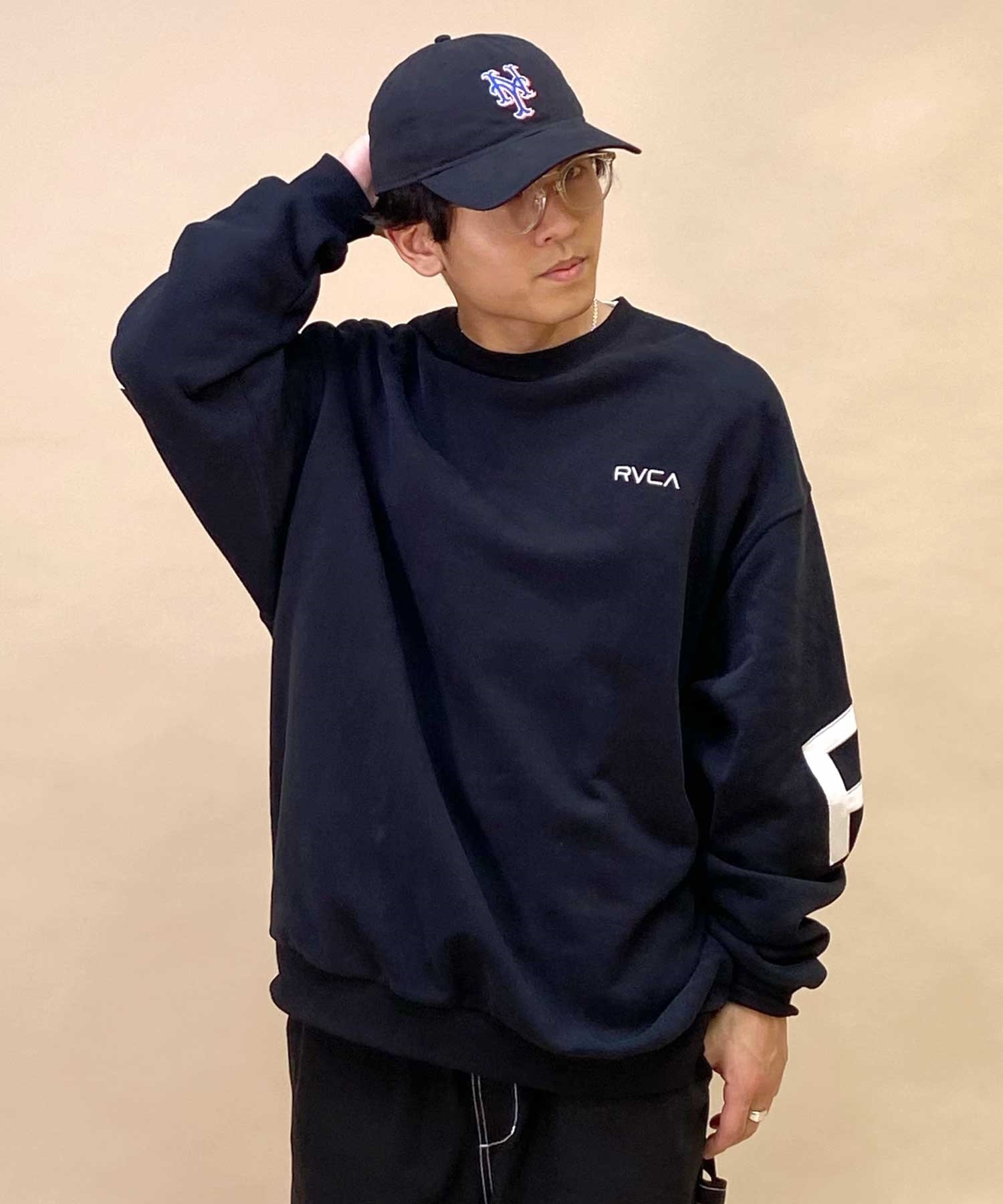 RVCA/ルーカ FAKE RVCA CR メンズ トレーナー クルーネック スウェット バックプリント 裏起毛 BD042-150(BLK-S)