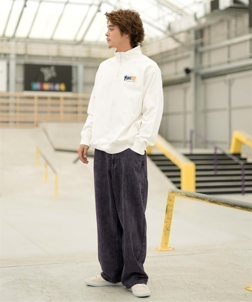 THRASHER/スラッシャー ハーフジップスウェット ビッグシルエット ワンポイントロゴ刺しゅう ハーフジップ サイドポケット付き 23MS-HZ1 ムラサキスポーツ別注(BLK-M)