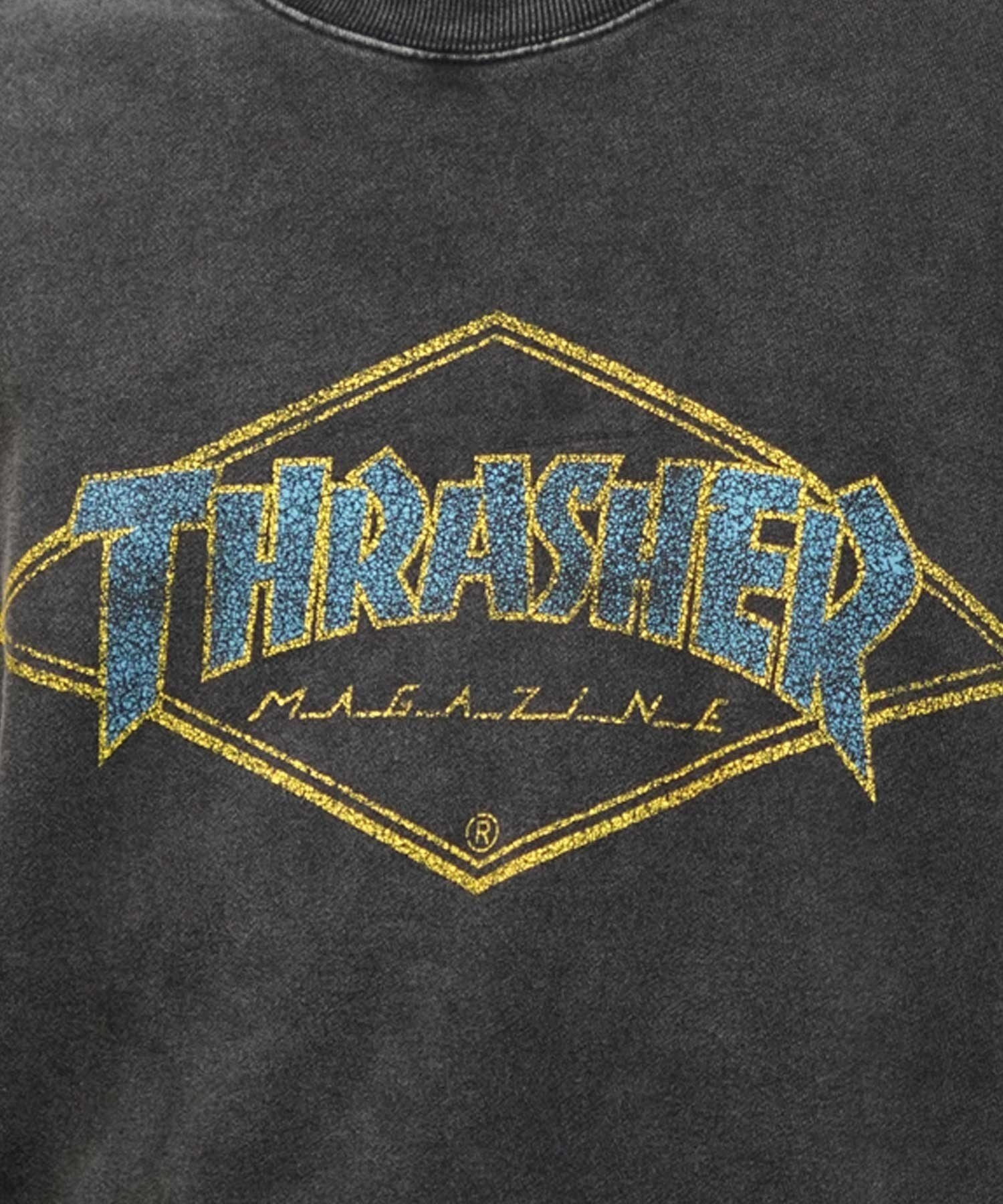 【ムラサキスポーツ別注】THRASHER/スラッシャー パウダーブリーチ加工 カスレプリント ビッグシルエット 古着風テイスト THM-24ASCS01(BLK-2-M)