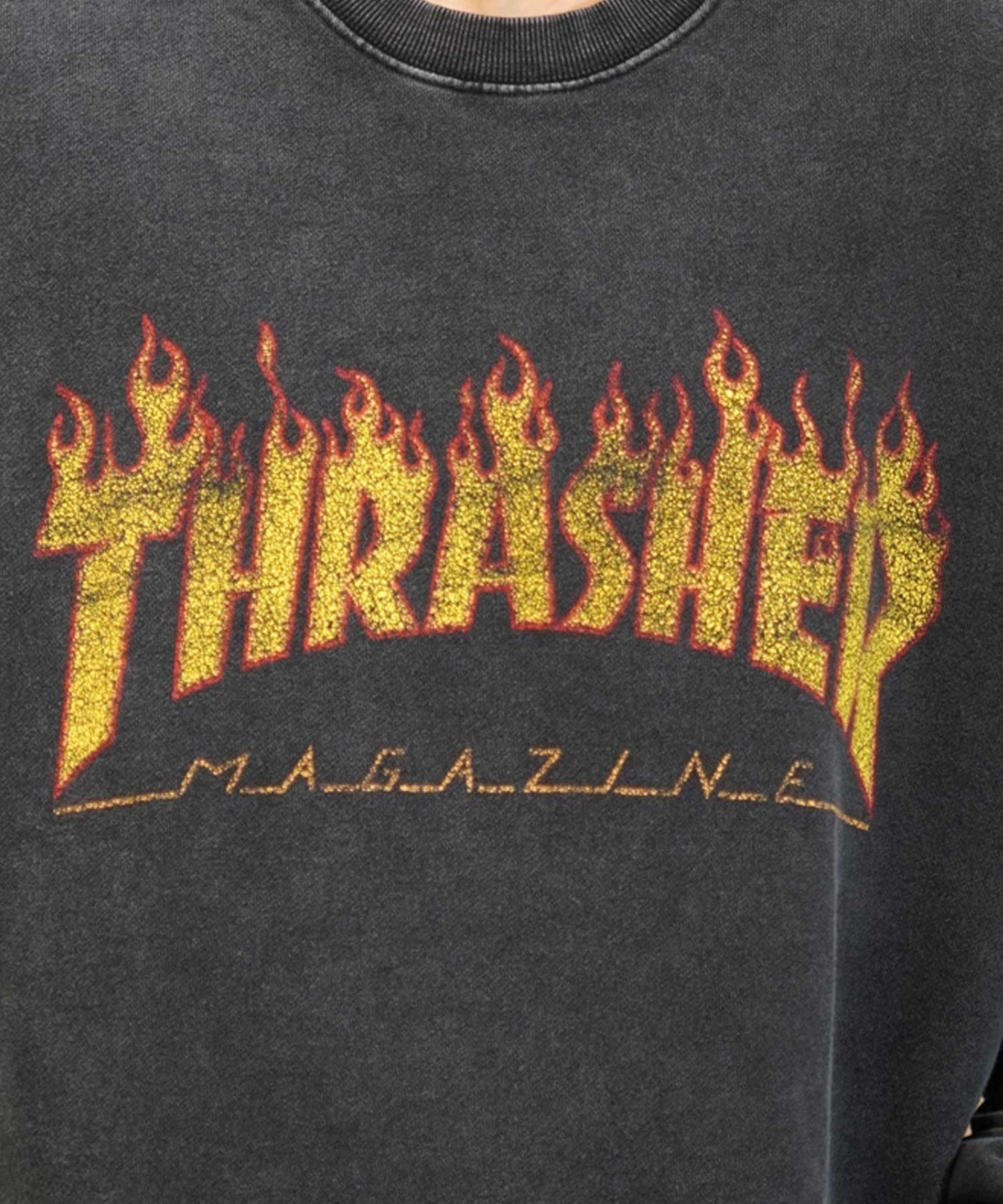 【ムラサキスポーツ別注】THRASHER/スラッシャー パウダーブリーチ加工 カスレプリント ビッグシルエット 古着風テイスト THM-24ASCS01(BLK-3-M)