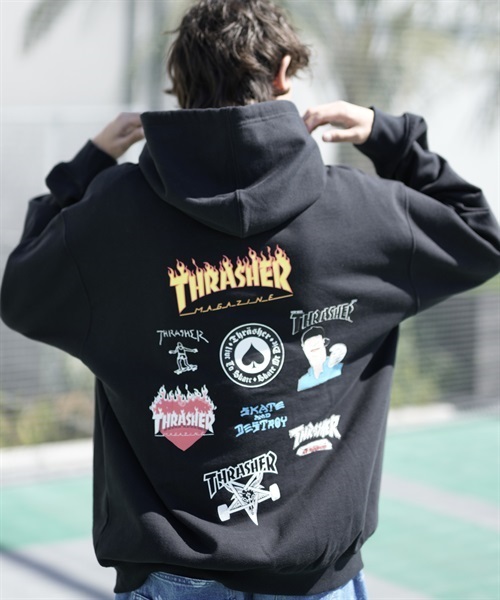 THRASHER/スラッシャー パーカー バックプリント フロントロゴ刺繍 ビックシルエット 23MS-HD1 ムラサキスポーツ別注(ASH-M)