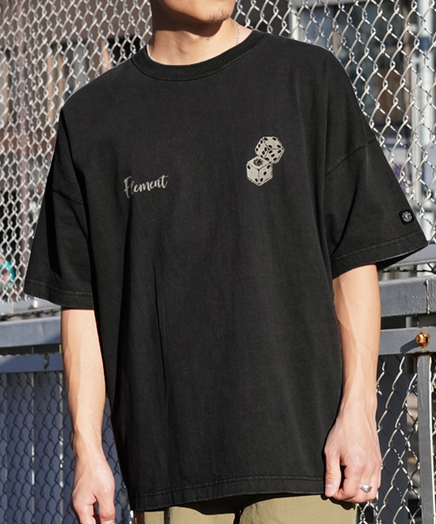 ELEMENT エレメント メンズ 半袖 Tシャツ オーバーサイズ ダイスロゴ バックプリント サイコロモチーフ ヴィンテージ風 かすれプリント BE021-252(GRN-M)