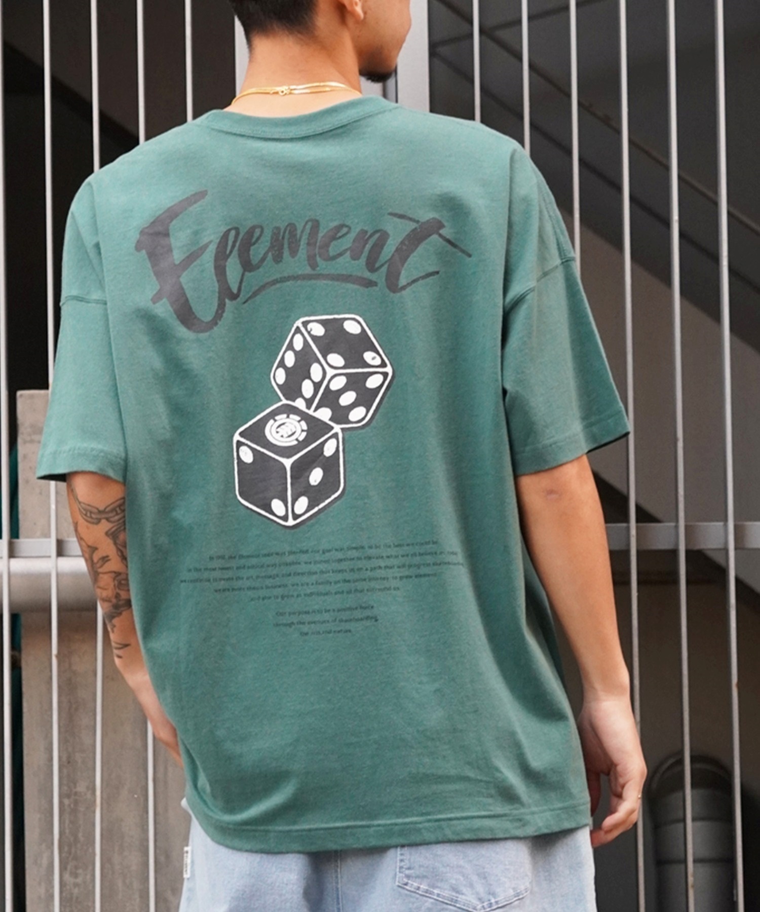 ELEMENT エレメント メンズ 半袖 Tシャツ オーバーサイズ ダイスロゴ バックプリント サイコロモチーフ ヴィンテージ風 かすれプリント BE021-252(GRN-M)