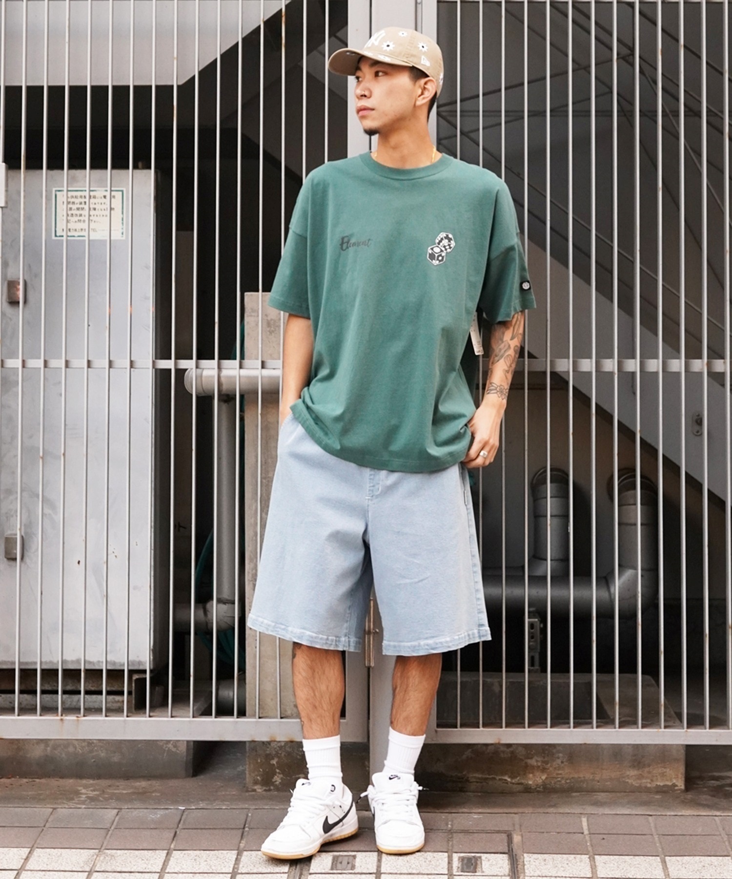 ELEMENT エレメント メンズ 半袖 Tシャツ オーバーサイズ ダイスロゴ バックプリント サイコロモチーフ ヴィンテージ風 かすれプリント BE021-252(GRN-M)