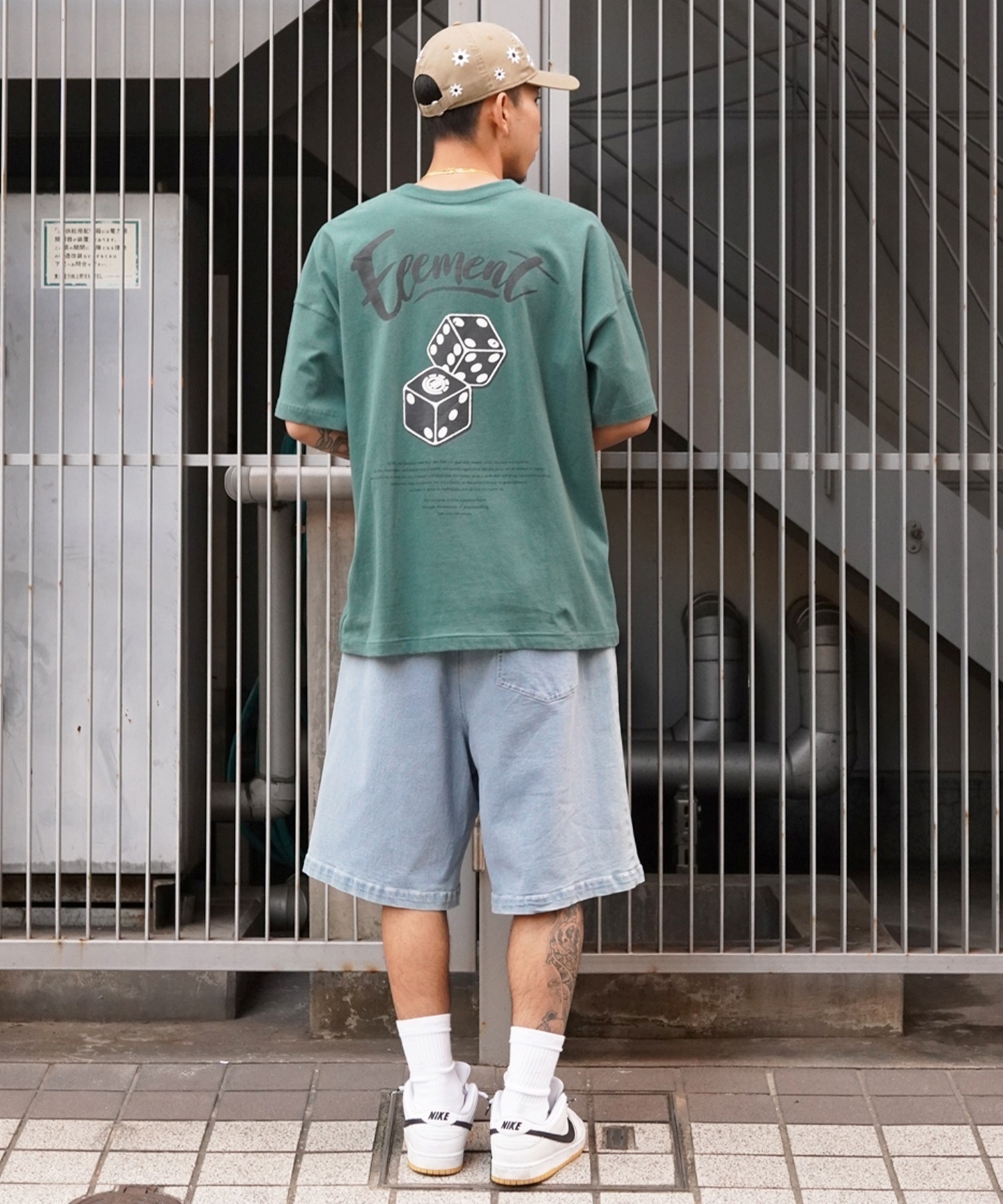 ELEMENT エレメント メンズ 半袖 Tシャツ オーバーサイズ ダイスロゴ バックプリント サイコロモチーフ ヴィンテージ風 かすれプリント BE021-252(GRN-M)