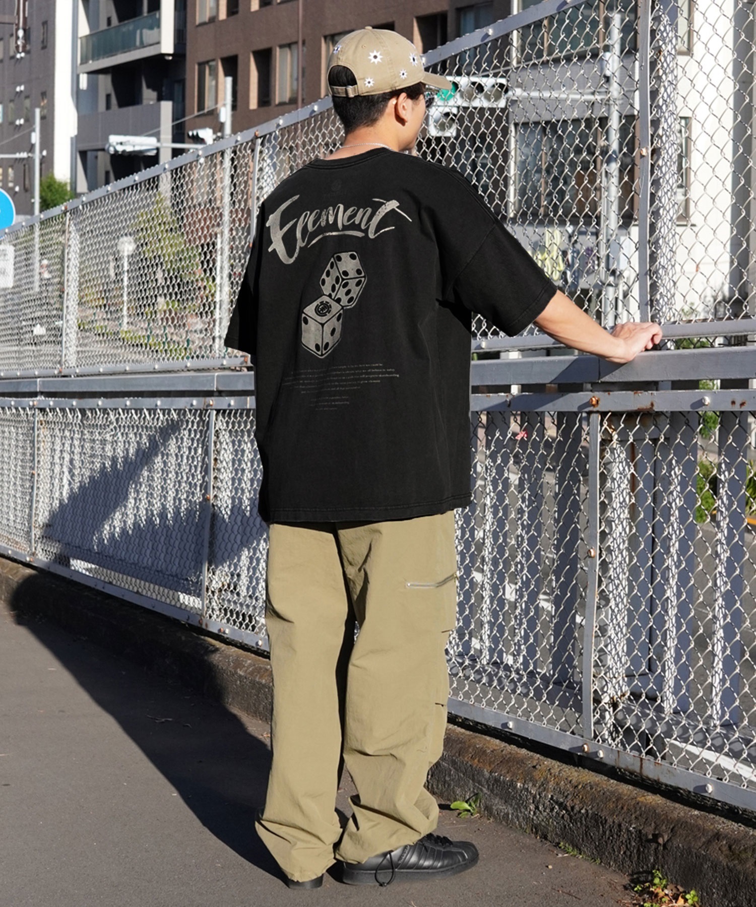 ELEMENT エレメント メンズ 半袖 Tシャツ オーバーサイズ ダイスロゴ バックプリント サイコロモチーフ ヴィンテージ風 かすれプリント BE021-252(GRN-M)