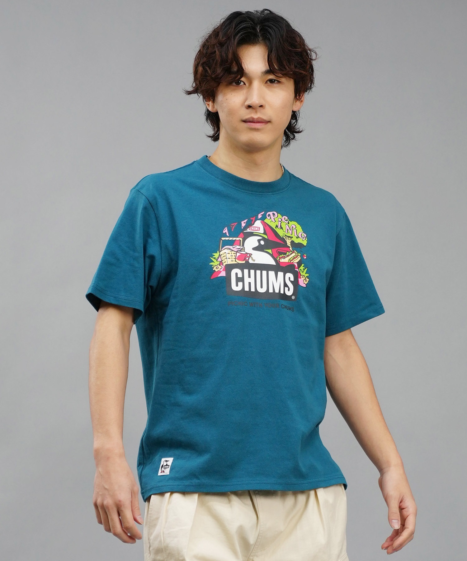 【マトメガイ対象】CHUMS チャムス メンズ Tシャツ 半袖 ブービーバード ピクニックモチーフ フロントプリント クルーネック CH01-2347(G057-M)