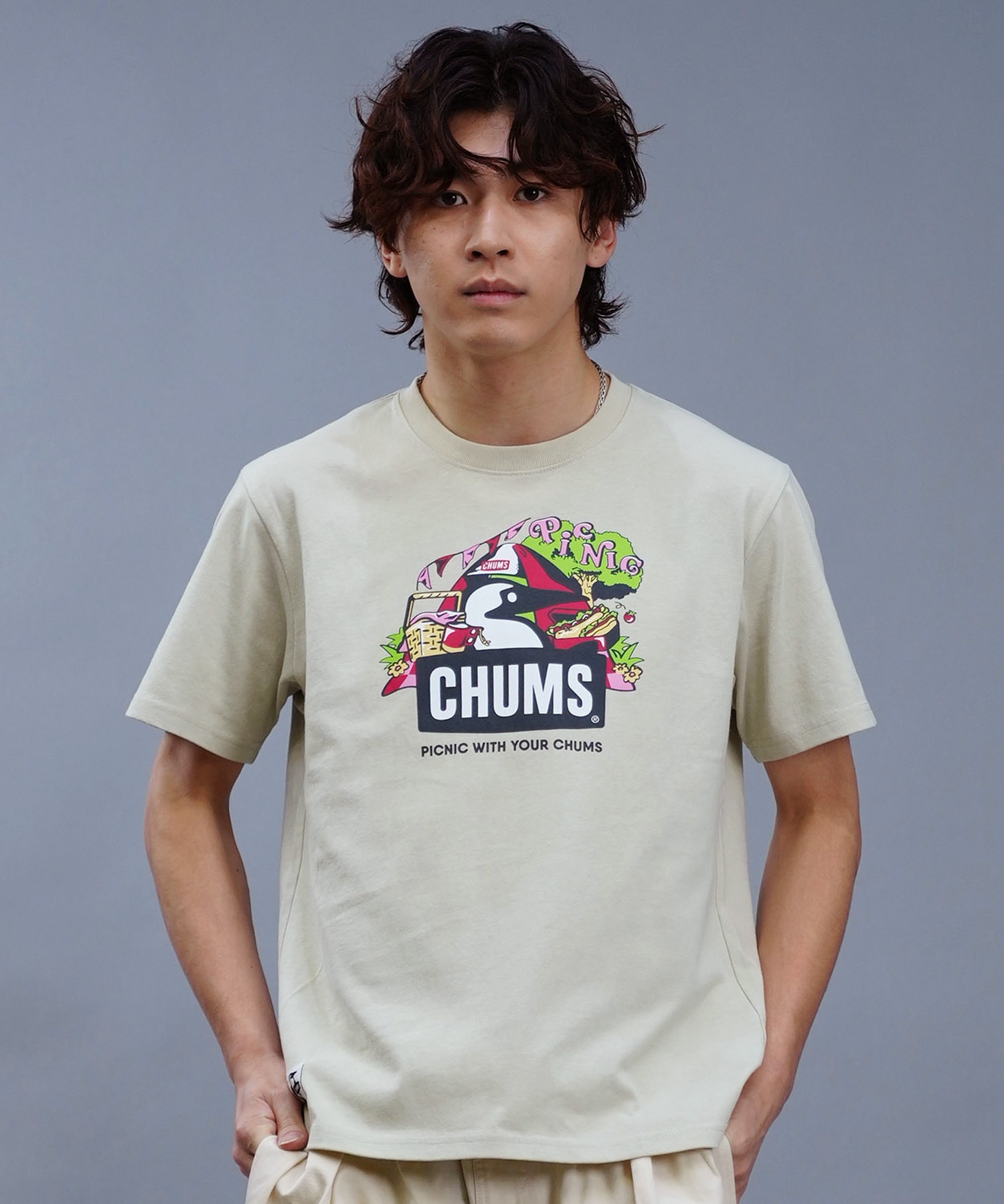 【マトメガイ対象】CHUMS チャムス メンズ Tシャツ 半袖 ブービーバード ピクニックモチーフ フロントプリント クルーネック CH01-2347(W001-M)
