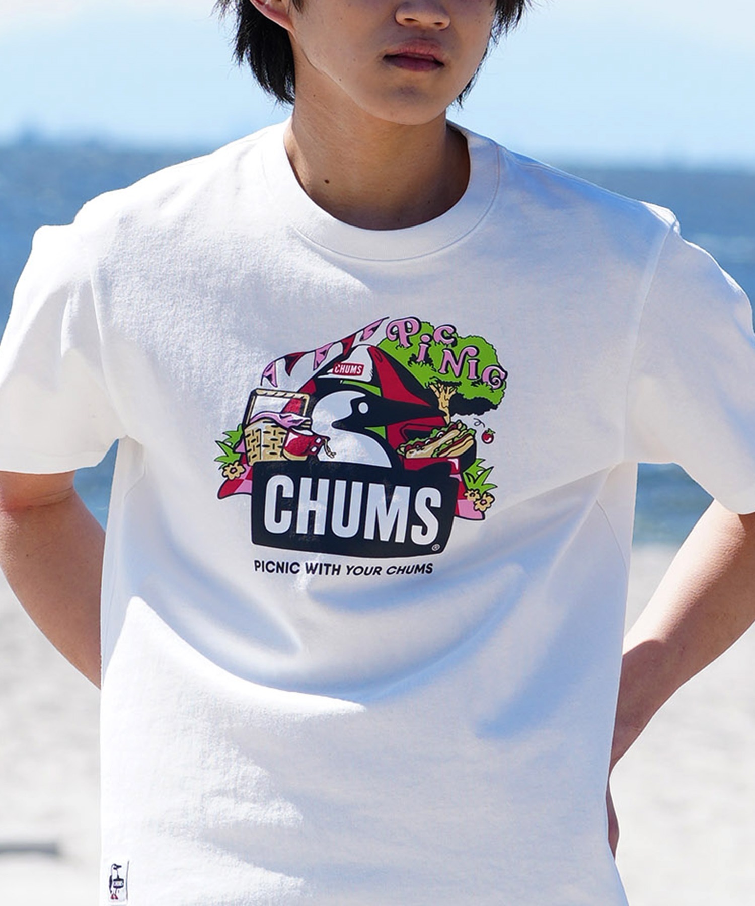 【マトメガイ対象】CHUMS チャムス メンズ Tシャツ 半袖 ブービーバード ピクニックモチーフ フロントプリント クルーネック CH01-2347(W001-M)