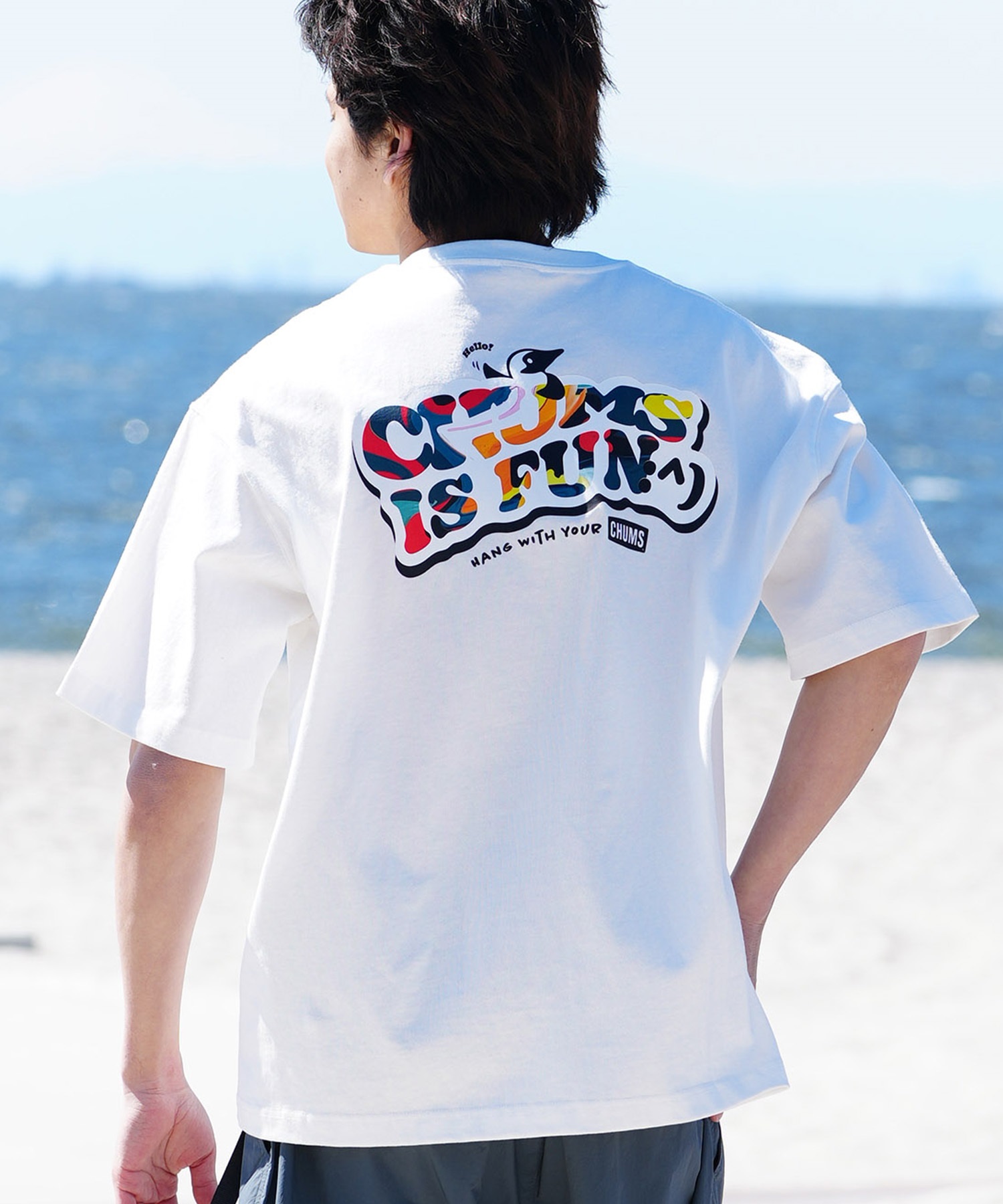 【マトメガイ対象】CHUMS チャムス メンズ Tシャツ 半袖 ロゴ ブービーバード マーブル柄 バックプリント オーバーサイズ CH01-2357(K001-M)