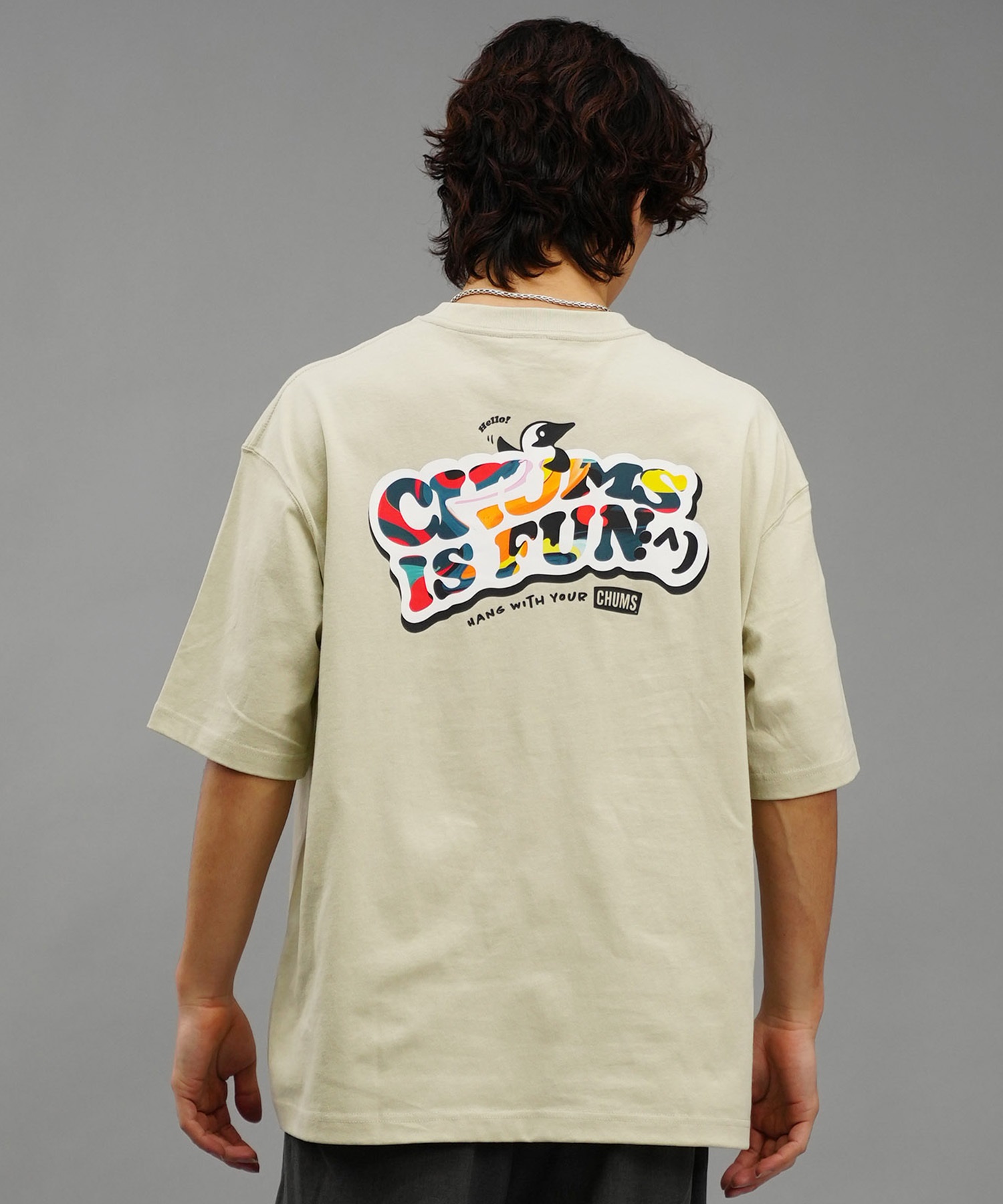 【マトメガイ対象】CHUMS チャムス メンズ Tシャツ 半袖 ロゴ ブービーバード マーブル柄 バックプリント オーバーサイズ CH01-2357(K001-M)