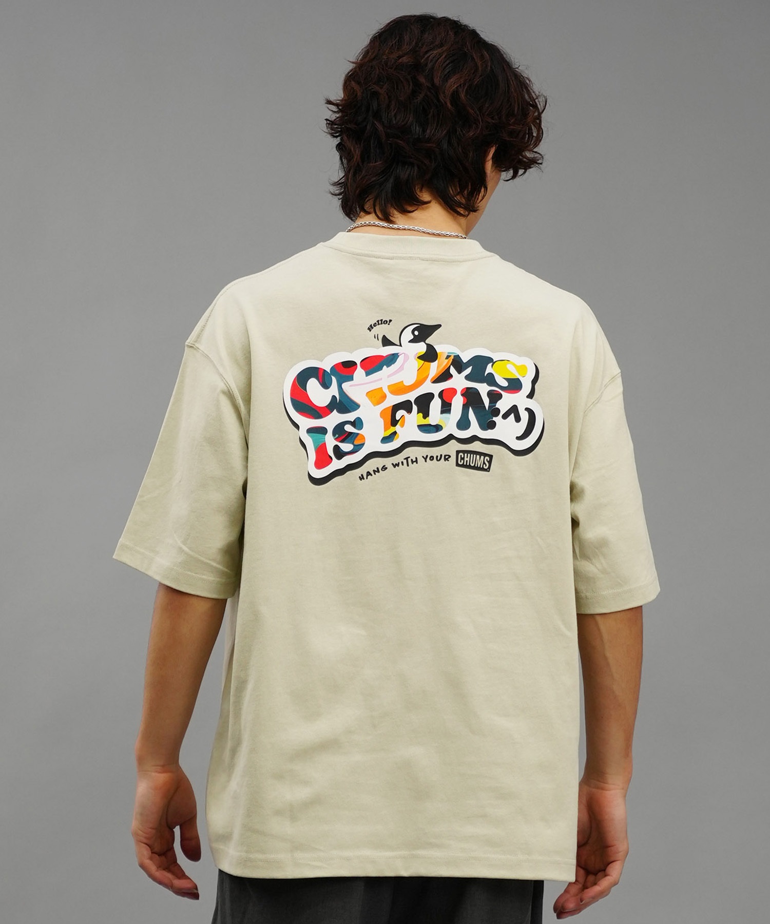 【マトメガイ対象】CHUMS チャムス メンズ Tシャツ 半袖 ロゴ ブービーバード マーブル柄 バックプリント オーバーサイズ CH01-2357(G057-M)