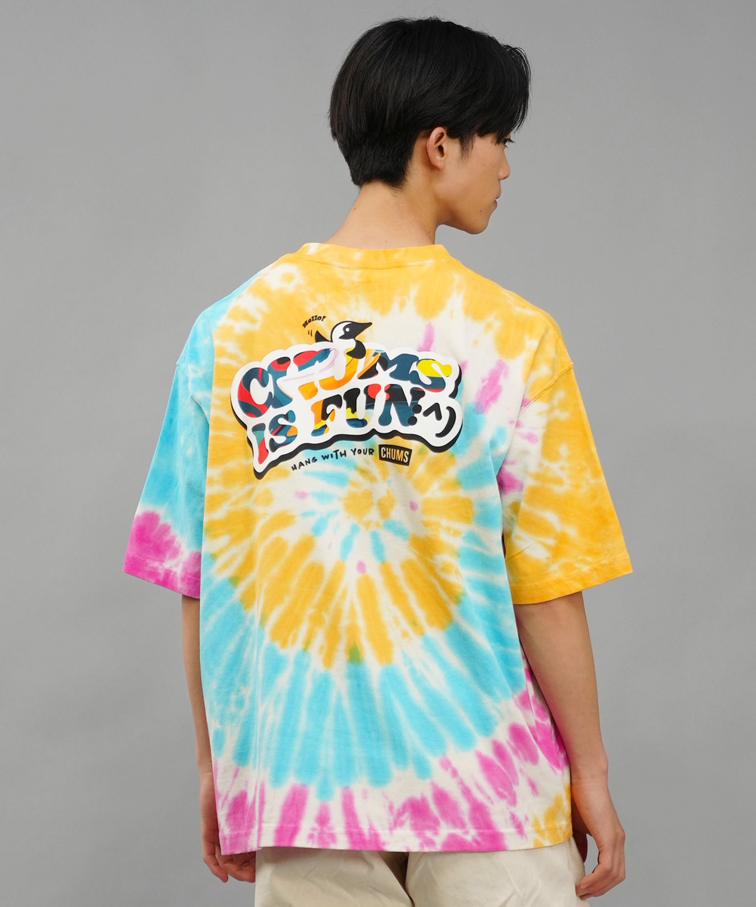 【マトメガイ対象】CHUMS チャムス メンズ Tシャツ 半袖 ロゴ ブービーバード マーブル柄 バックプリント オーバーサイズ CH01-2357(Z077-M)