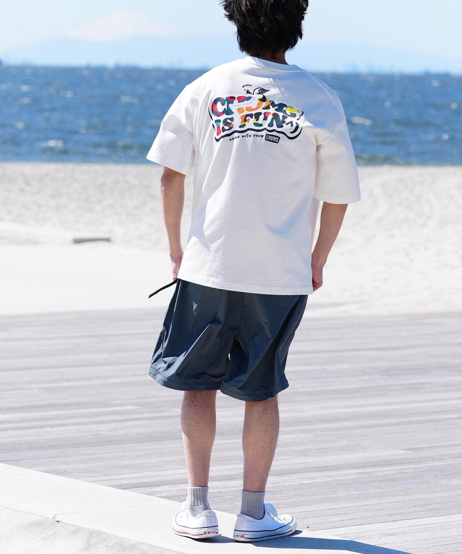 【マトメガイ対象】CHUMS チャムス メンズ Tシャツ 半袖 ロゴ ブービーバード マーブル柄 バックプリント オーバーサイズ CH01-2357(K001-M)