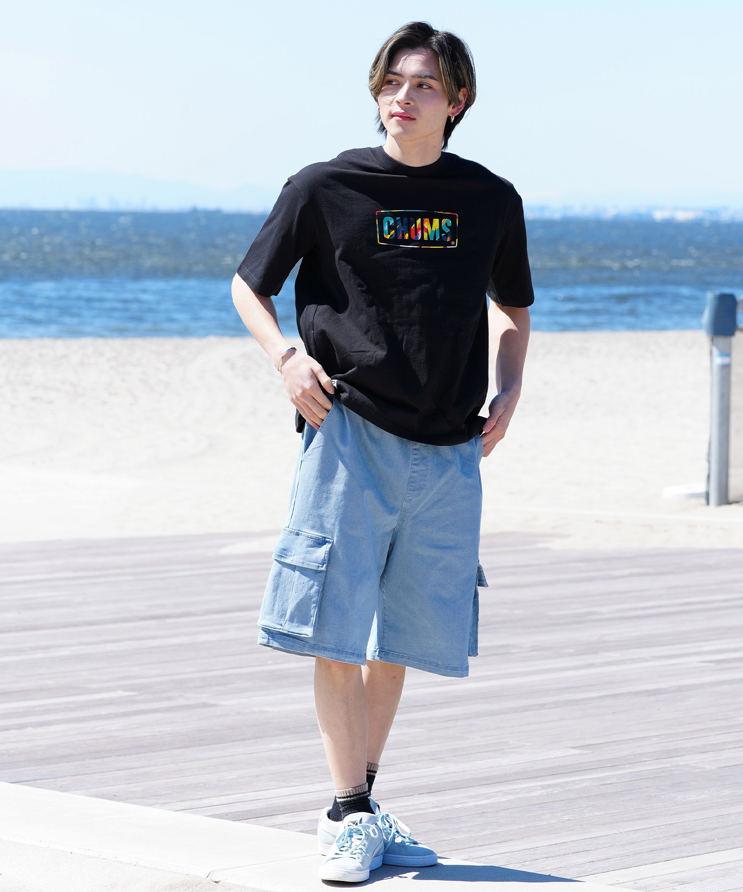 【マトメガイ対象】CHUMS チャムス メンズ Tシャツ 半袖 ロゴ ブービーバード マーブル柄 バックプリント オーバーサイズ CH01-2357(W001-M)
