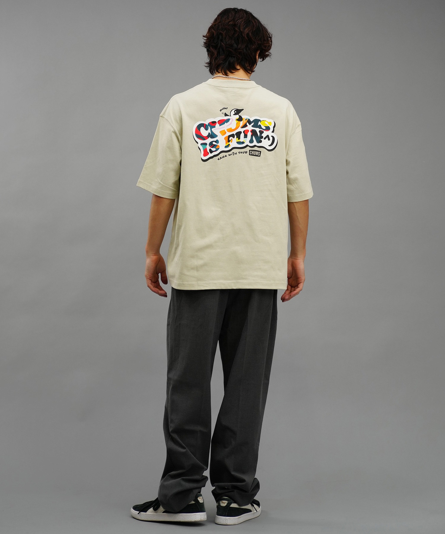 【マトメガイ対象】CHUMS チャムス メンズ Tシャツ 半袖 ロゴ ブービーバード マーブル柄 バックプリント オーバーサイズ CH01-2357(W001-M)