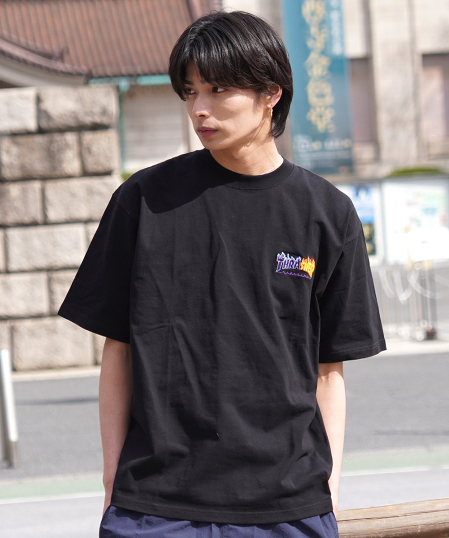 【マトメガイ対象】THRASHER スラッシャー メンズ 半袖 Tシャツ ロゴ 刺繍 シンプル ビッグシルエット THM-24SPSST07 ムラサキスポーツ限定(BLK-M)