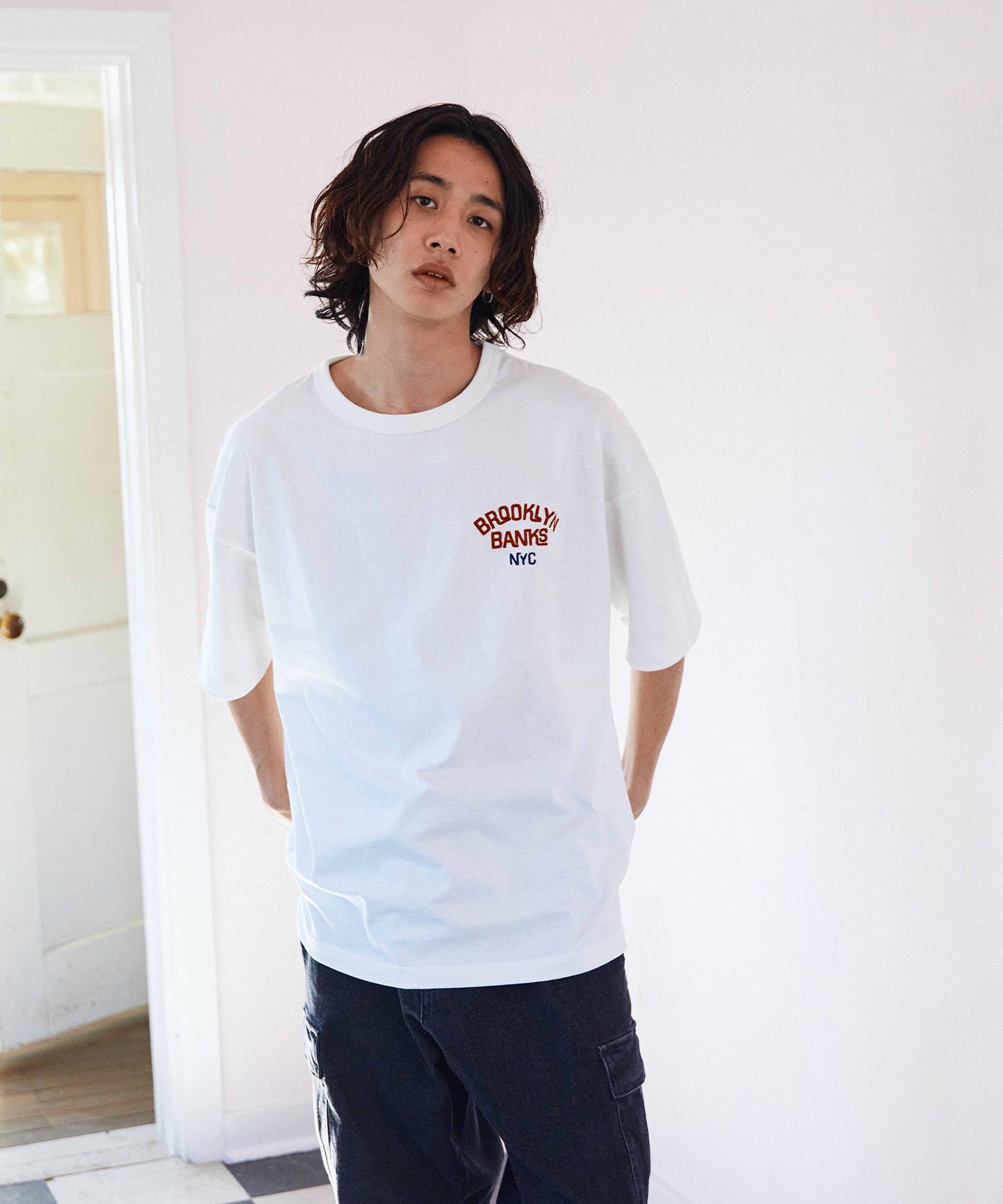 DEAR LAUREL ディアローレル メンズ 半袖 Tシャツ "Brooklyn Banks embroidery" ワンポイント 吸水速乾 D24S2103(BLK-M)