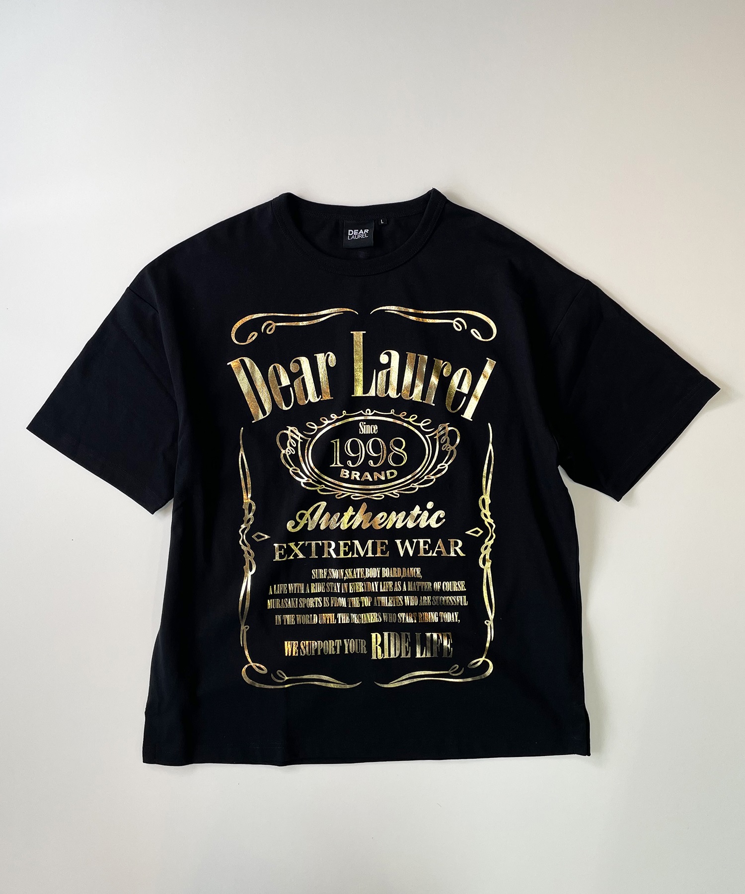 DEAR LAUREL ディアローレル メンズ 半袖 Tシャツ Metaric print メタリック 箔プリント 吸水速乾 D24S2105(BK/GD-M)