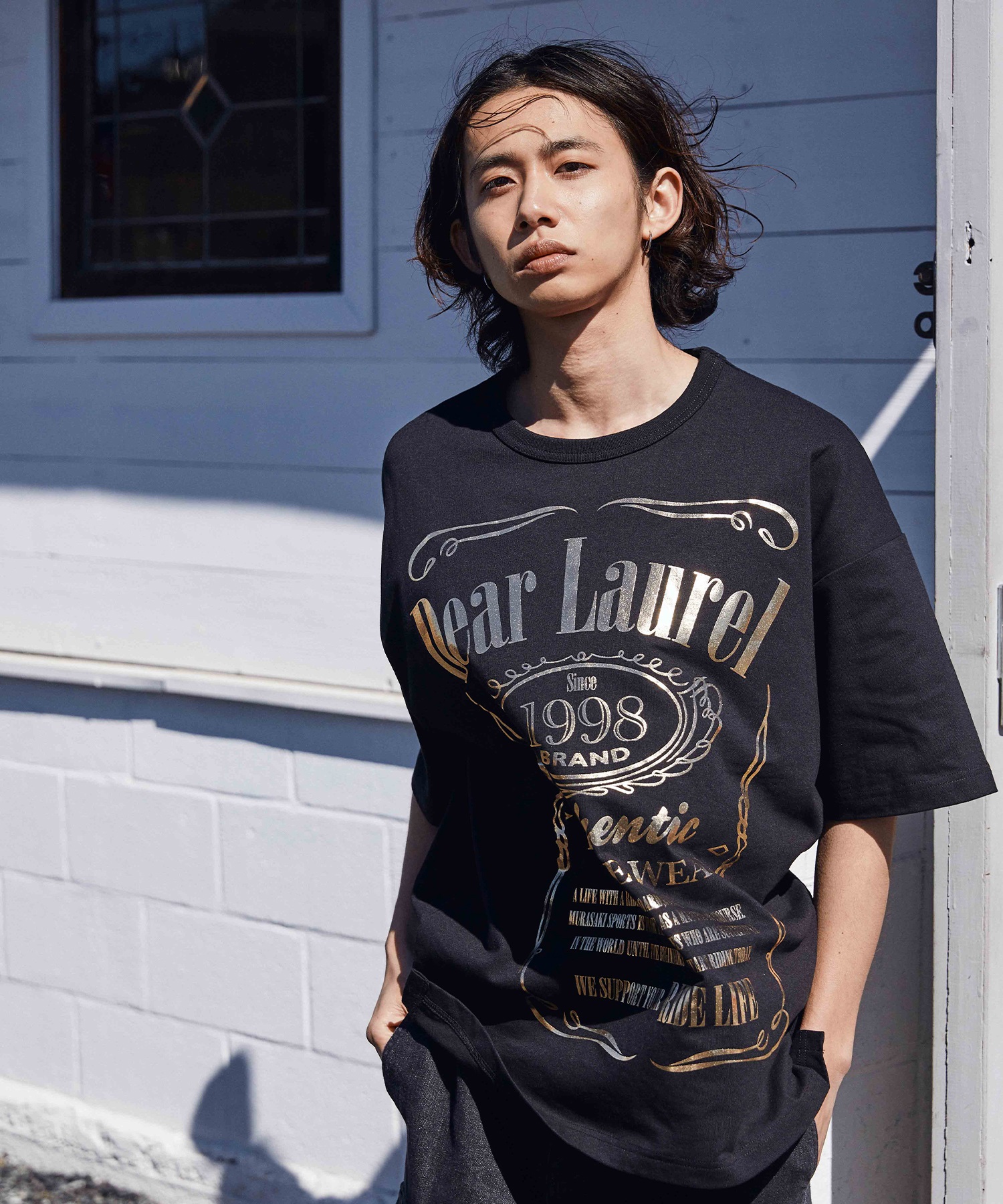 DEAR LAUREL ディアローレル メンズ 半袖 Tシャツ Metaric print メタリック 箔プリント 吸水速乾 D24S2105(BK/SV-M)