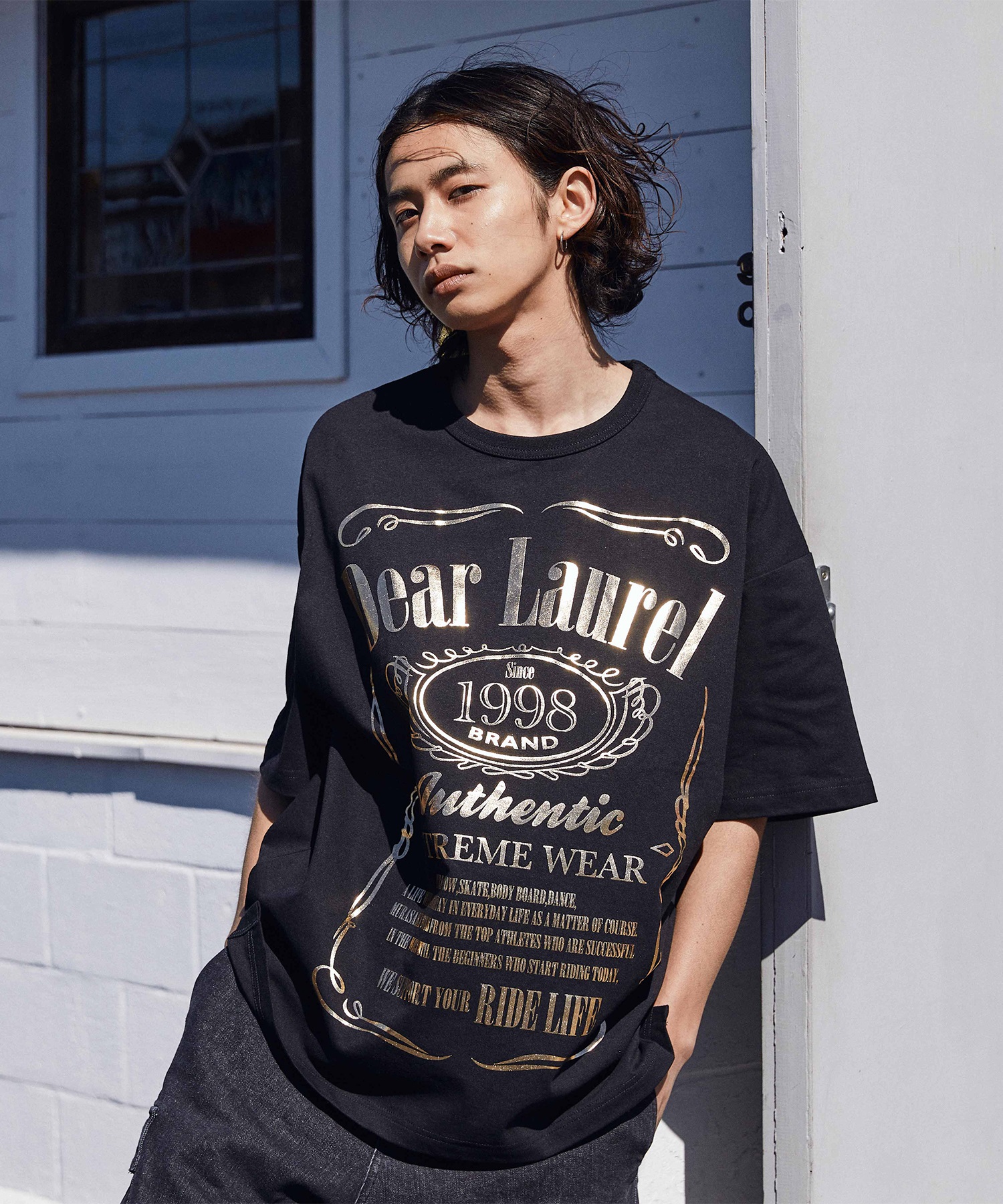 DEAR LAUREL ディアローレル メンズ 半袖 Tシャツ Metaric print メタリック 箔プリント 吸水速乾 D24S2105(BK/SV-M)