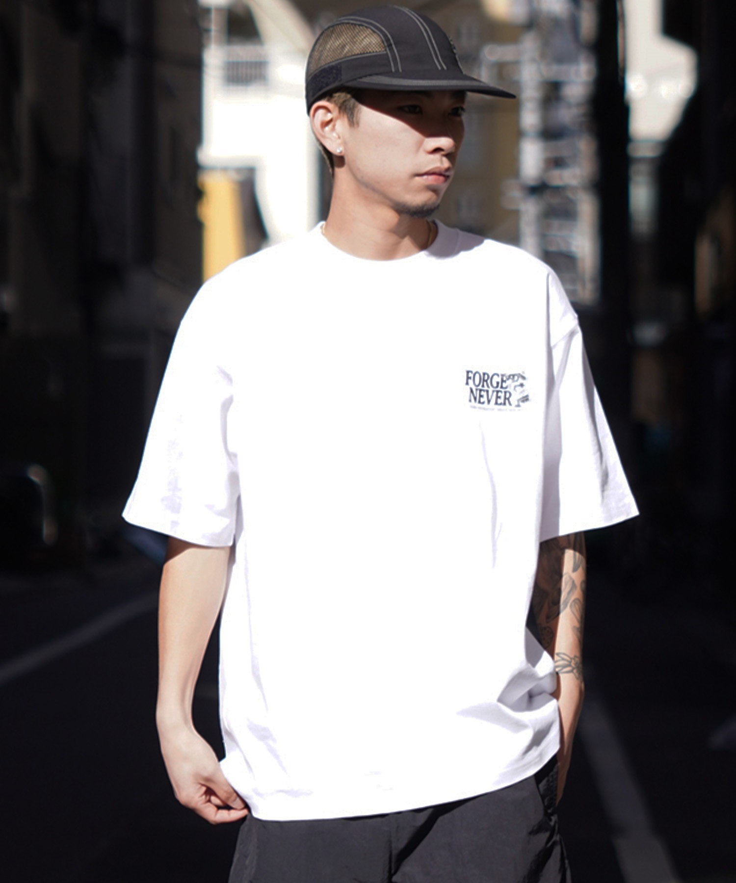 FORGET NEVER フォーゲットネバー メンズ 半袖Ｔシャツ バックプリント オーバーサイズ 242OO1ST201FN ムラサキスポーツ限定(WHT-M)