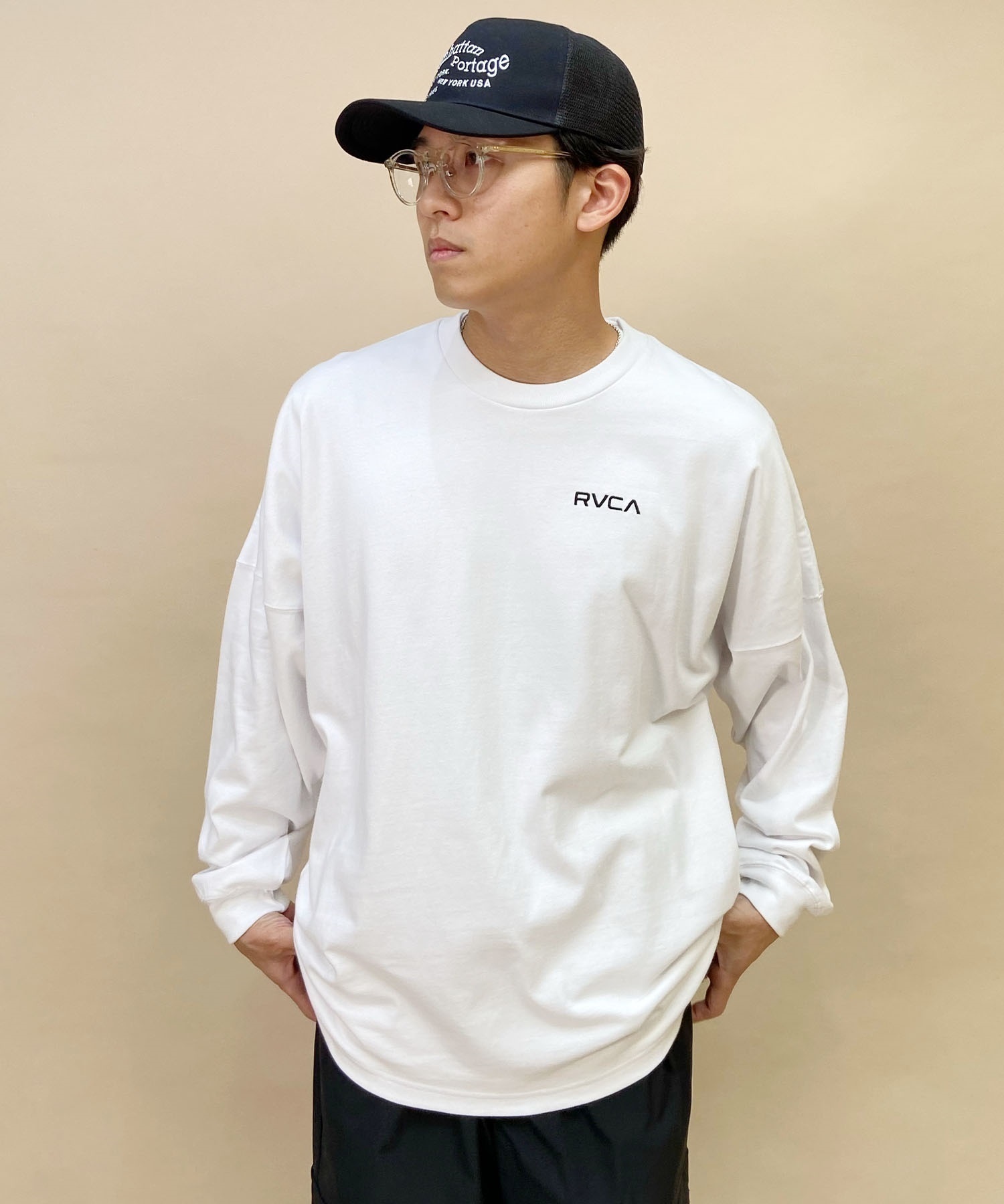 RVCA/ルーカ メンズ スクエアロゴT オーバーサイズ クルーネック長袖Tシャツ BD042-065(WHT-S)