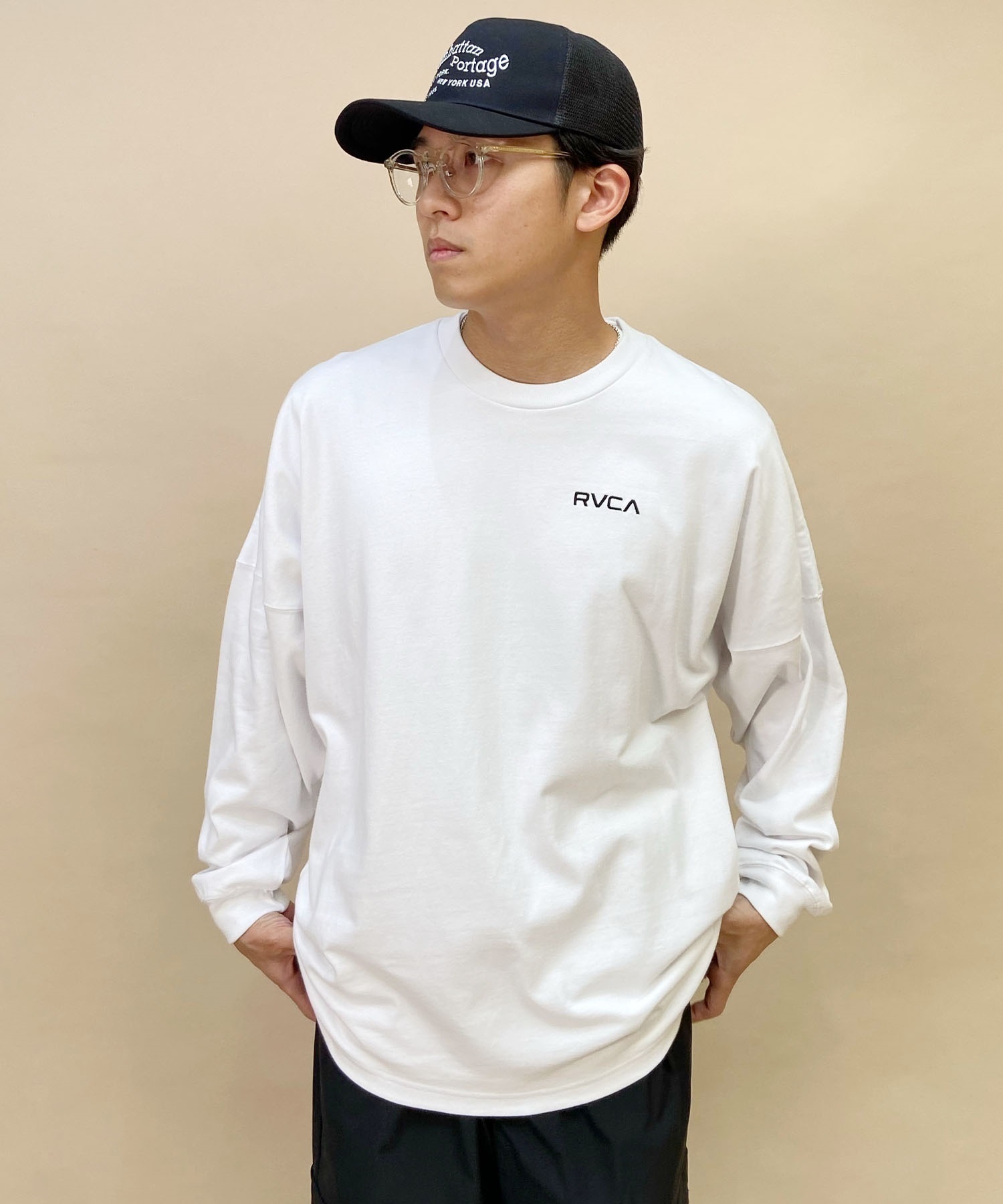 RVCA/ルーカ メンズ スクエアロゴT オーバーサイズ クルーネック長袖T