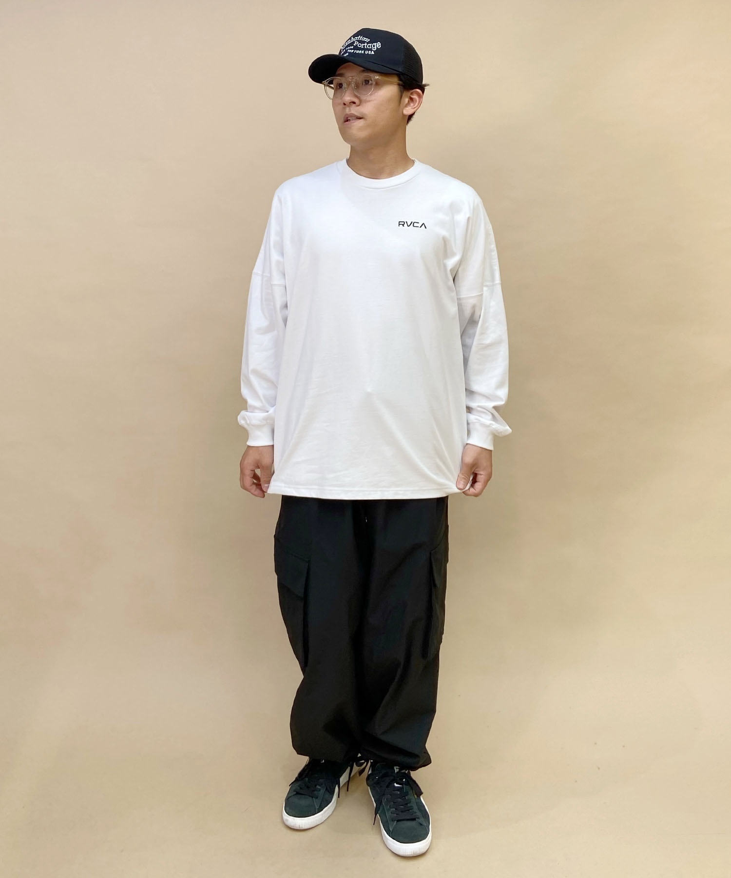 【クーポン対象】RVCA/ルーカ メンズ スクエアロゴT オーバーサイズ クルーネック長袖Tシャツ BD042-065(KHA-S)