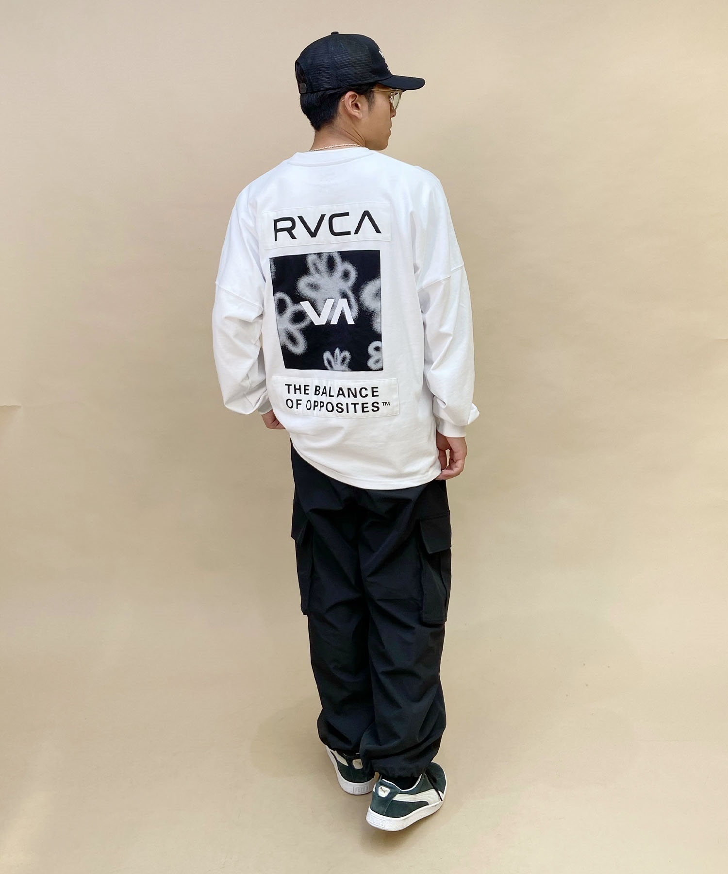 【クーポン対象】RVCA/ルーカ メンズ スクエアロゴT オーバーサイズ クルーネック長袖Tシャツ BD042-065(KHA-S)