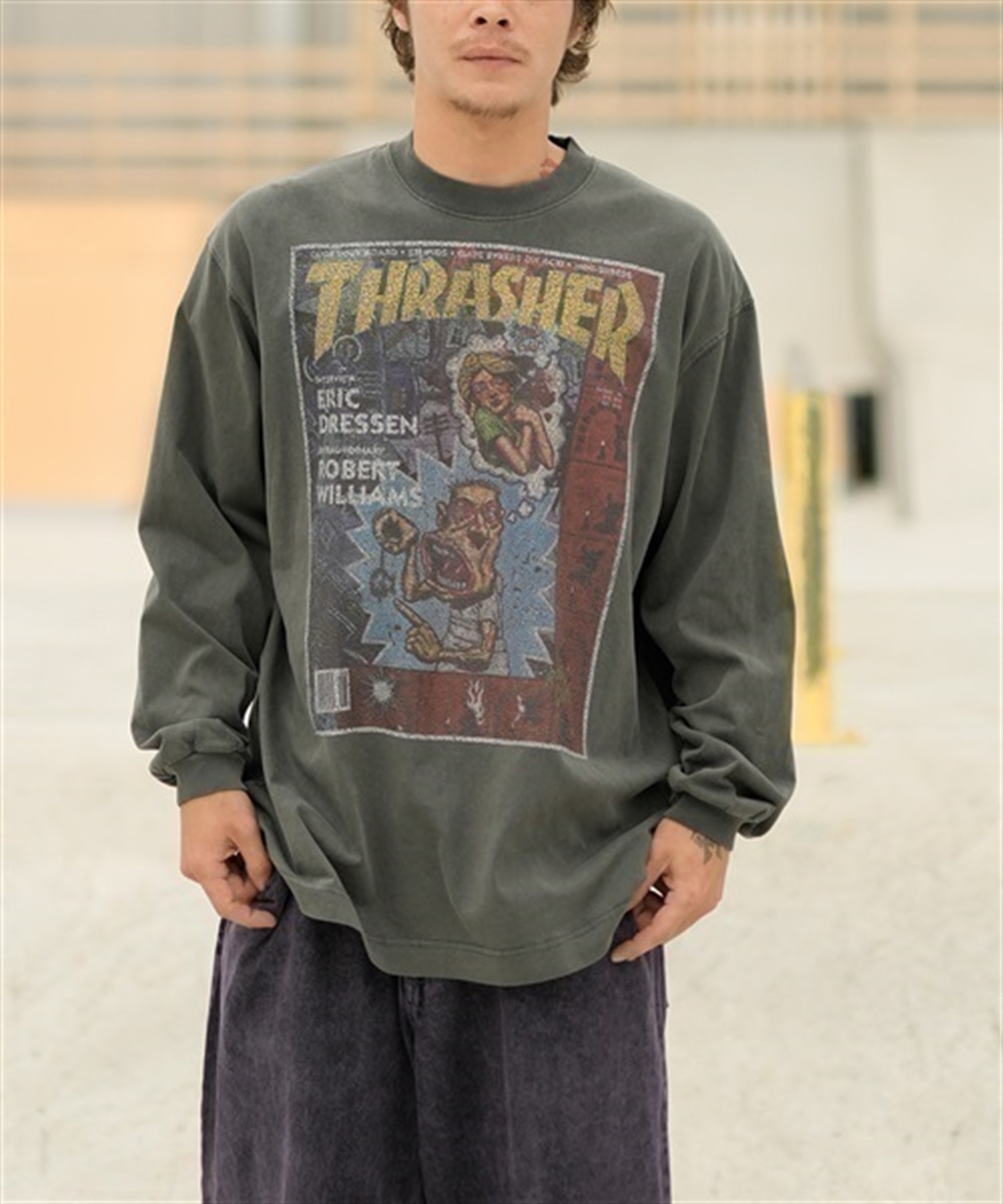 THRASHER/スラッシャー ロンT/長袖 フロントカスレプリント ビックシルエット ヴィンテージライク ピグメント染LSTシャツ 23MS-PLS2 ムラサキスポーツ別注(AUG88-M)