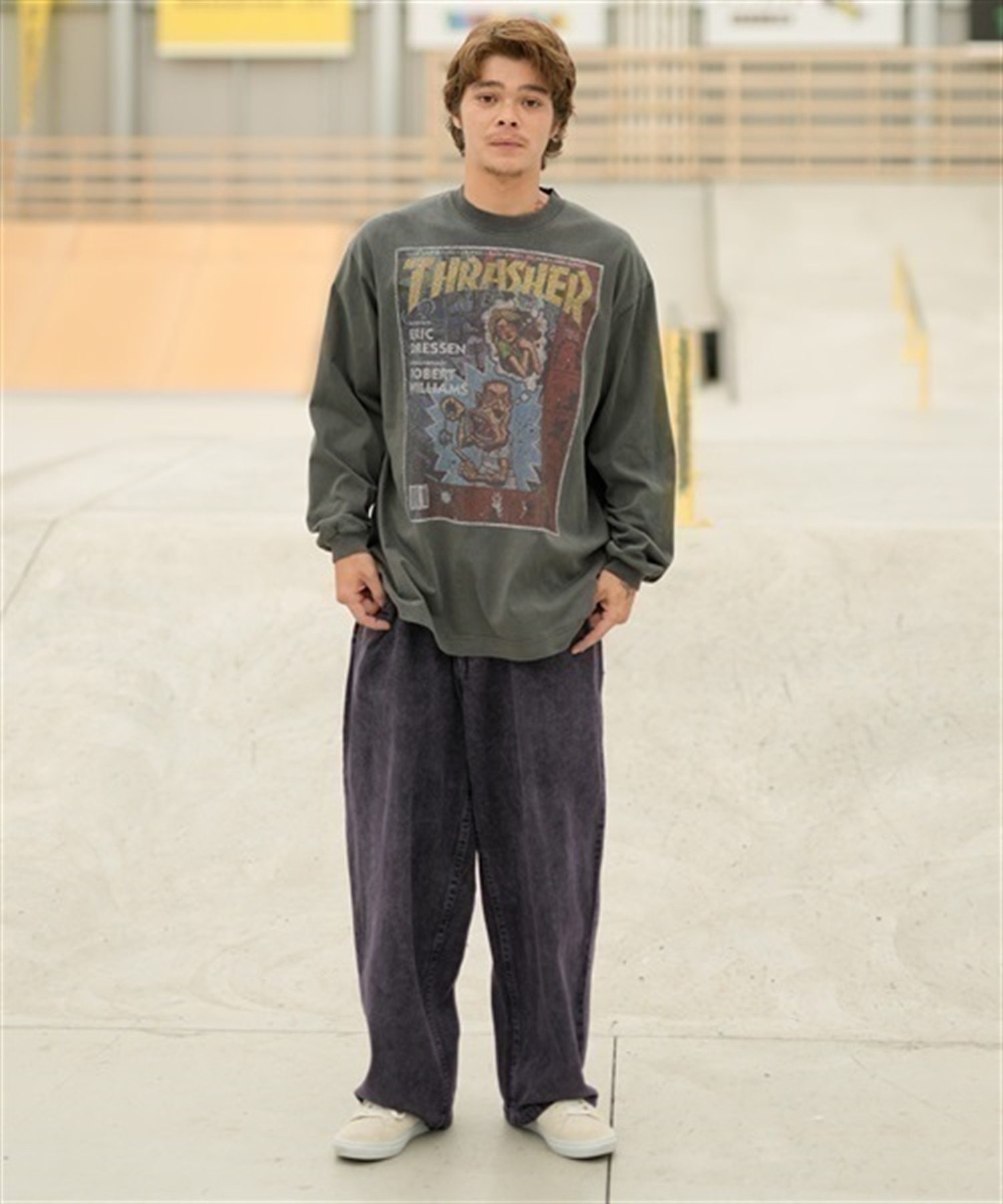 THRASHER/スラッシャー ロンT/長袖 フロントカスレプリント ビックシルエット ヴィンテージライク ピグメント染LSTシャツ 23MS-PLS2 ムラサキスポーツ別注(JAN81-M)