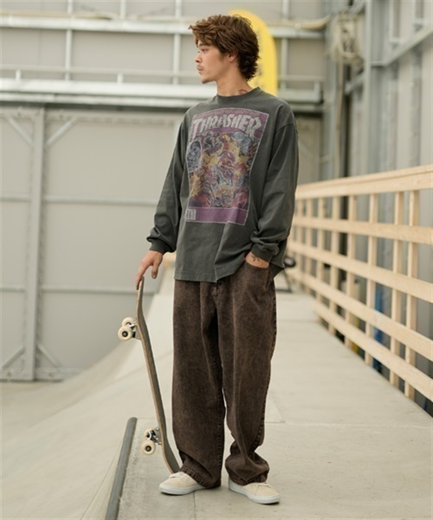 THRASHER/スラッシャー ロンT/長袖 フロントカスレプリント ビックシルエット ヴィンテージライク ピグメント染LSTシャツ 23MS-PLS2 ムラサキスポーツ別注(AUG88-M)