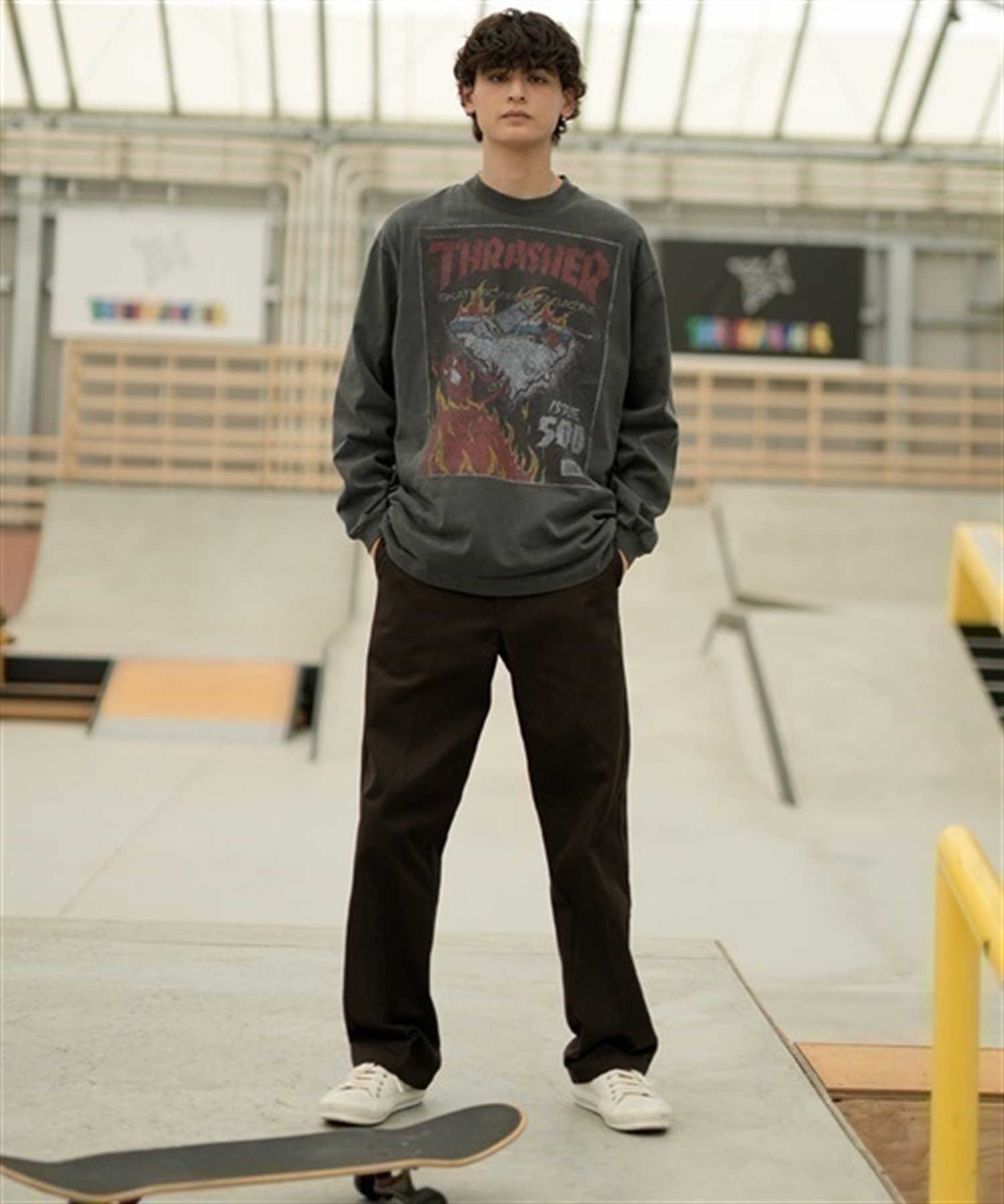 THRASHER/スラッシャー ロンT/長袖 フロントカスレプリント ビックシルエット ヴィンテージライク ピグメント染LSTシャツ 23MS-PLS2 ムラサキスポーツ別注(MAR22-M)